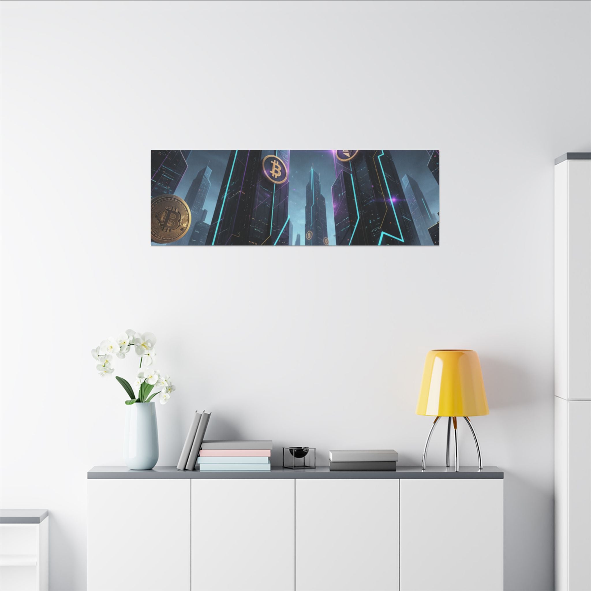 Crypto City Canvas Print — Futuristic Bitcoin & Ethereum Wall Art