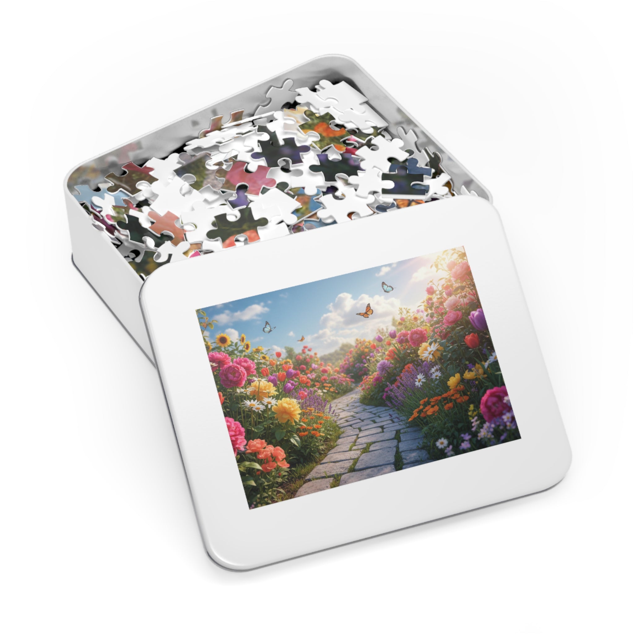 Spring Garden Path 500-Piece Jigsaw Puzzle with Tin — Floral Butterfly Scene