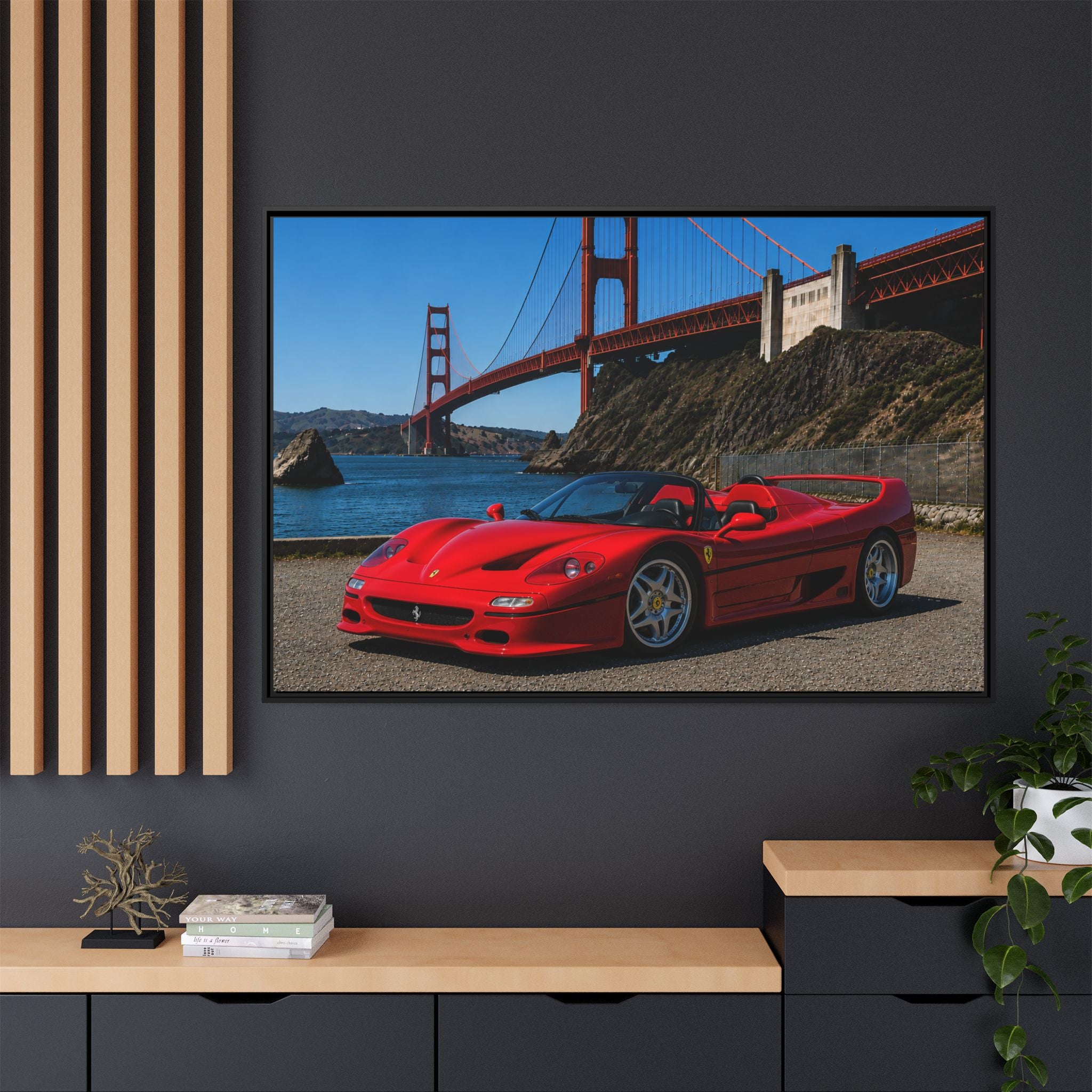 Ferrari F50 1995 Red - At Golden Gate Bridge - Stunning Framed Canvas Wall Art