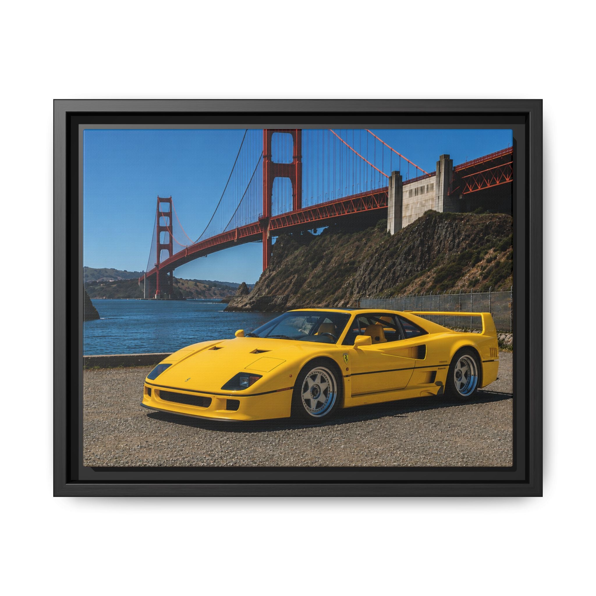 Ferrari 1987 F40 — Yellow Ferrari by the Golden Gate Bridge - Stunning Framed Canvas