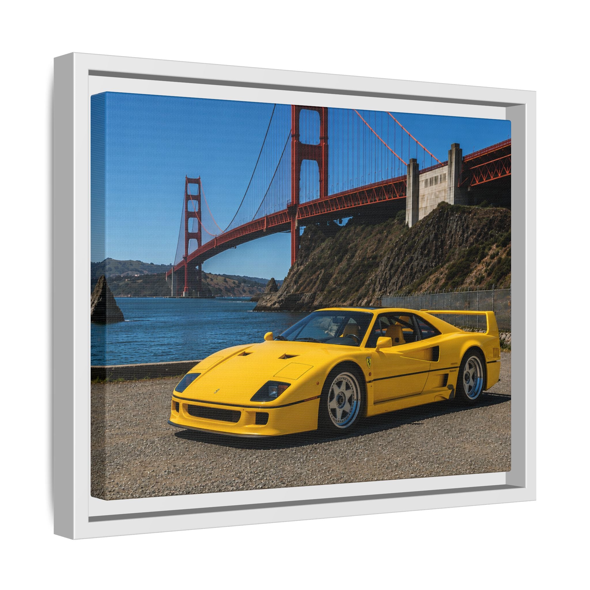 Ferrari 1987 F40 — Yellow Ferrari by the Golden Gate Bridge - Stunning Framed Canvas