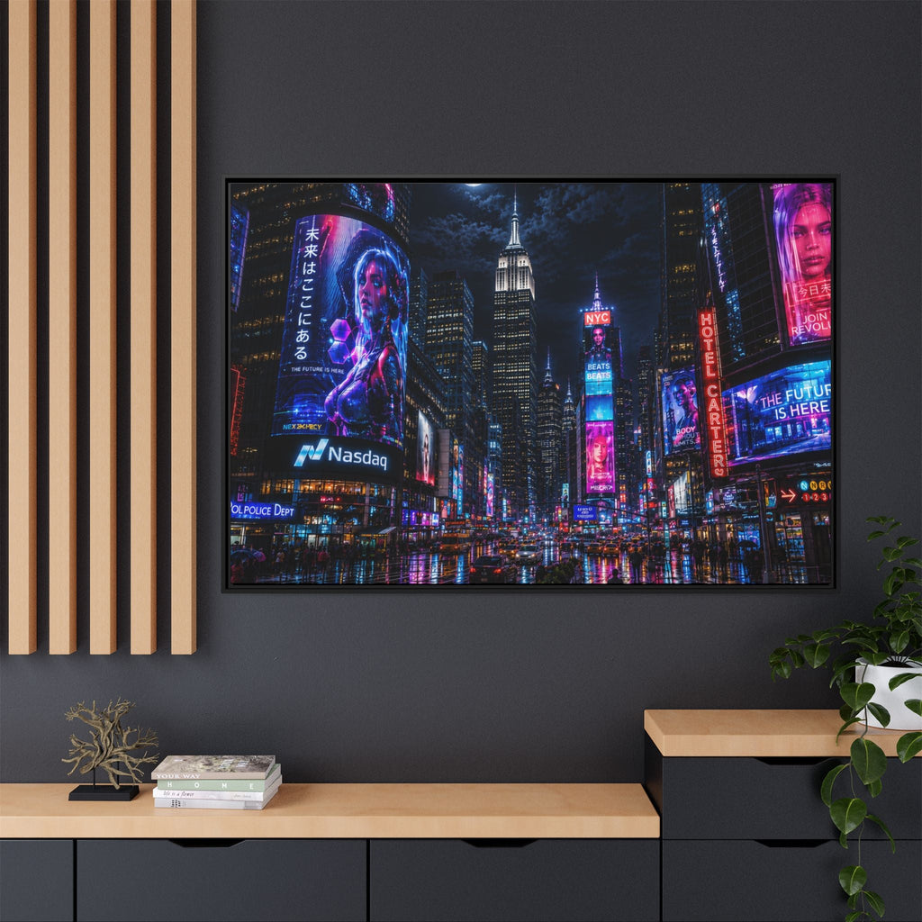Time Square City Scape "Cyberpunk themed" Neon City Nights Matte Canvas Print (Framed)