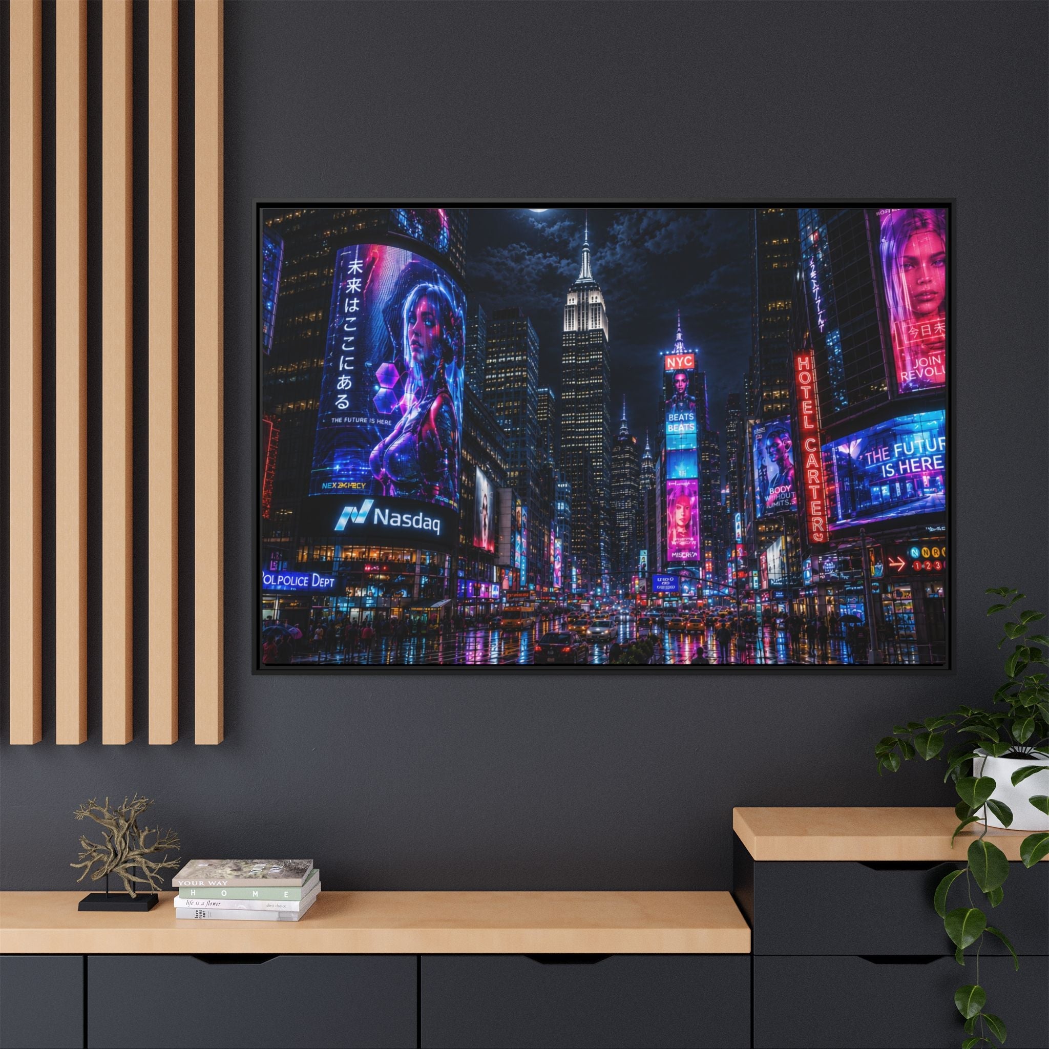 Time Square City Scape "Cyberpunk themed" Neon City Nights Matte Canvas Print (Framed)