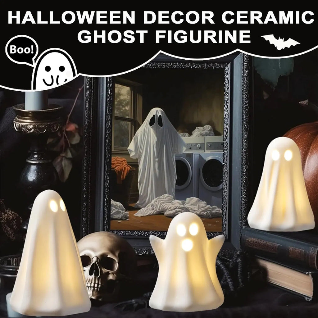 Light Up Ghost Halloween Decor, 3 Pack Ceramic Halloween Ghost Decorations