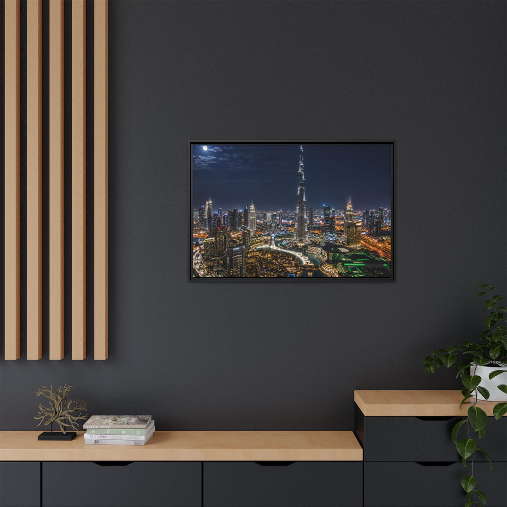 Dubai Night Skyline Matte Framed Canvas Print