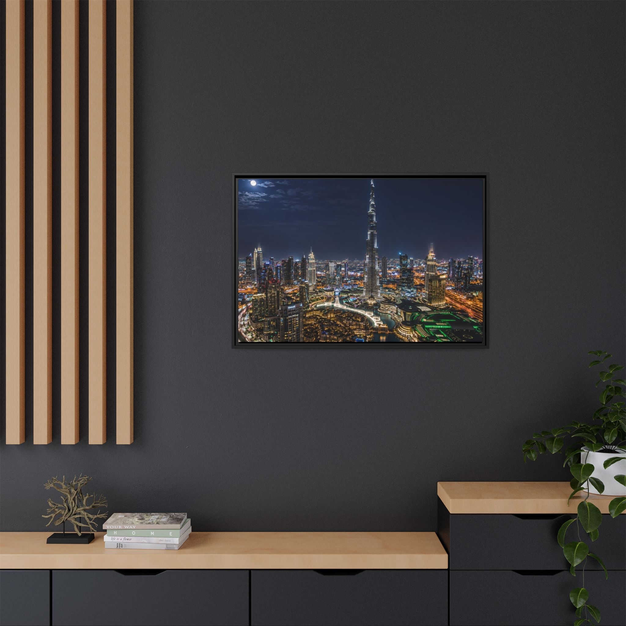 Dubai Night Skyline Matte Framed Canvas Print