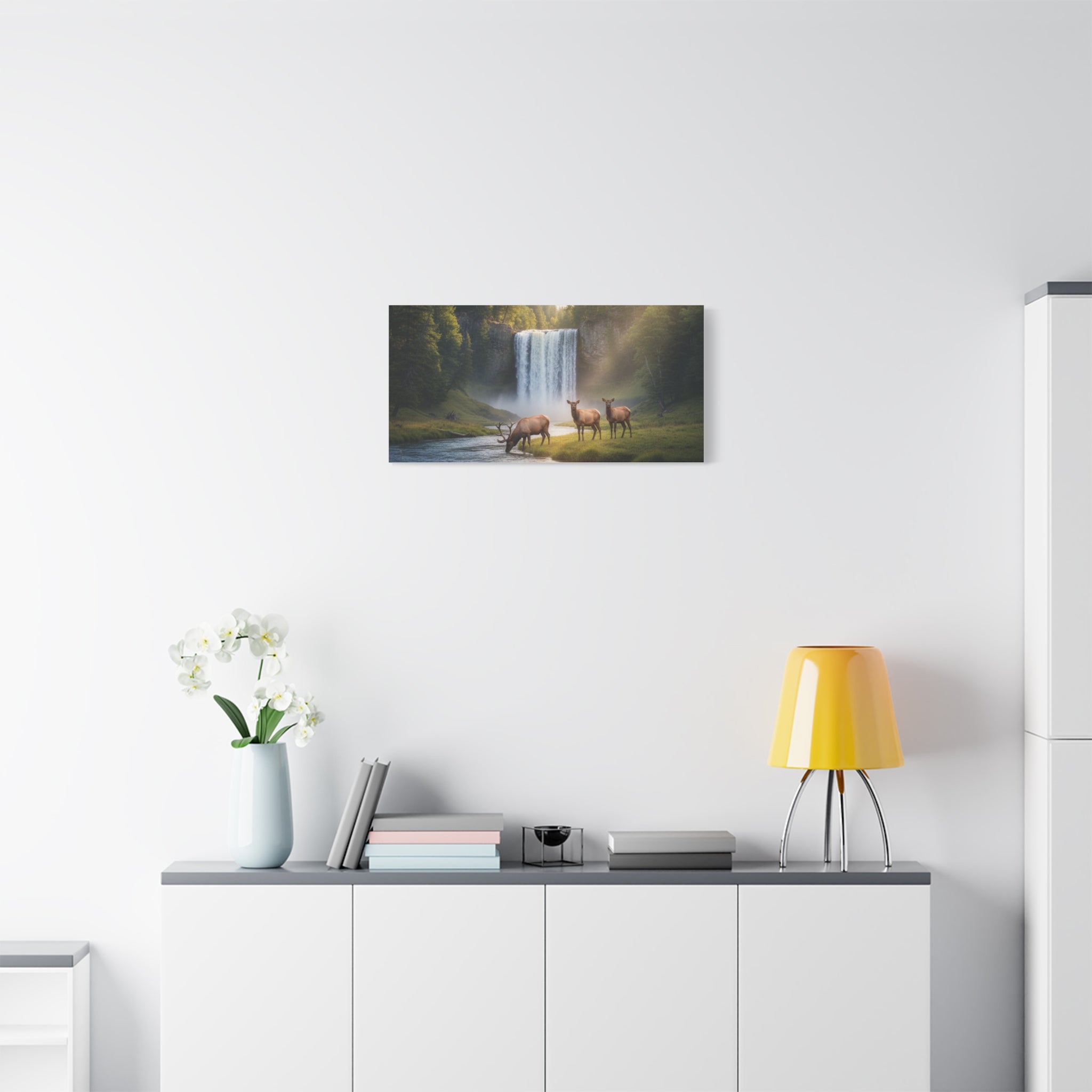 Waterfall Elk Canvas Print — Matte Stretched Wall Art