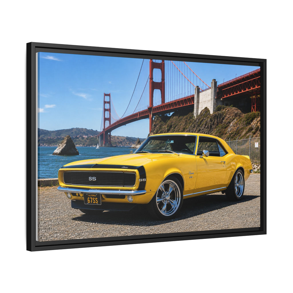 Camaro 1967 Framed Canvas – Yellow Classic "Bumble Bee" Camaro by Golden Gate Bridge