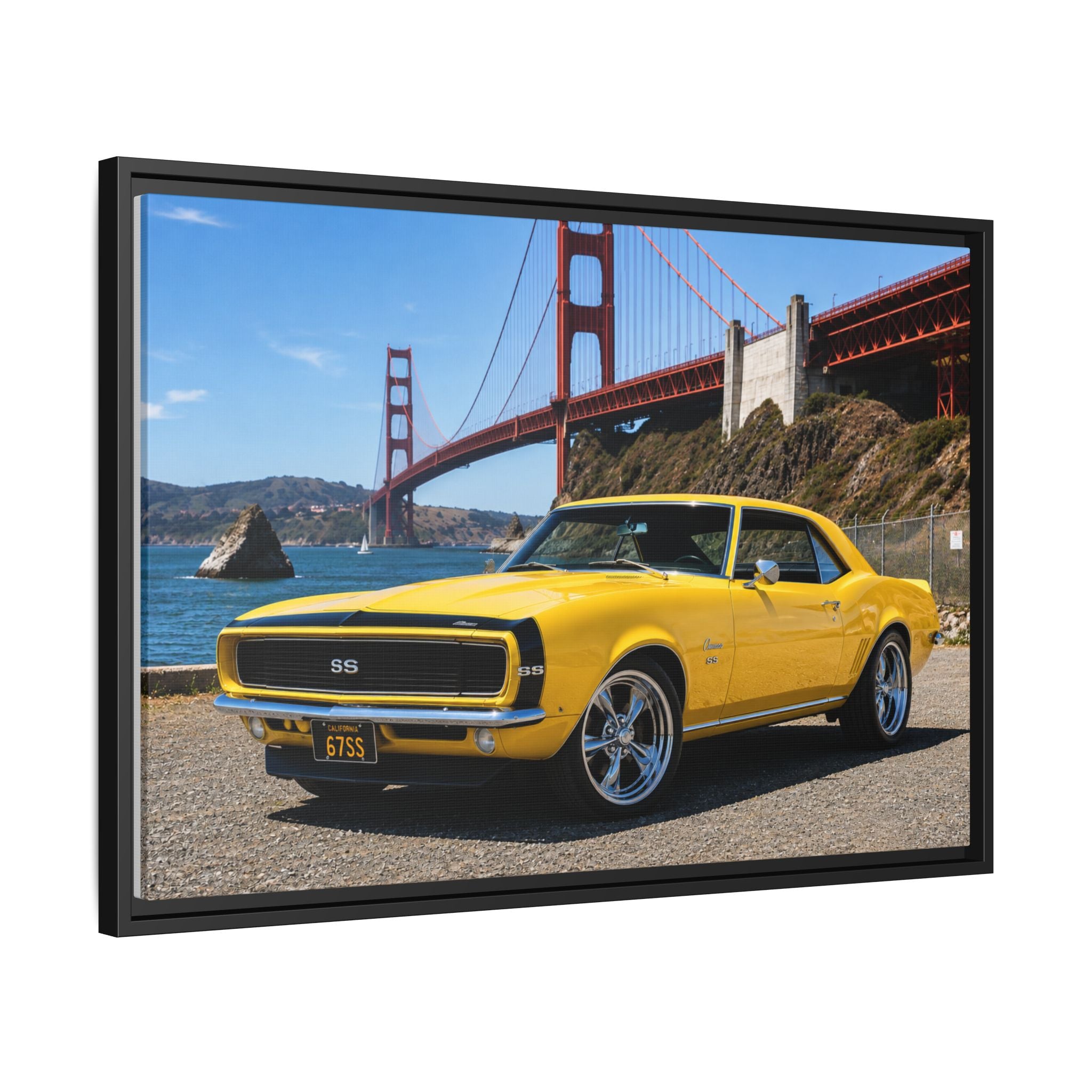 Camaro 1967 Framed Canvas – Yellow Classic "Bumble Bee" Camaro by Golden Gate Bridge