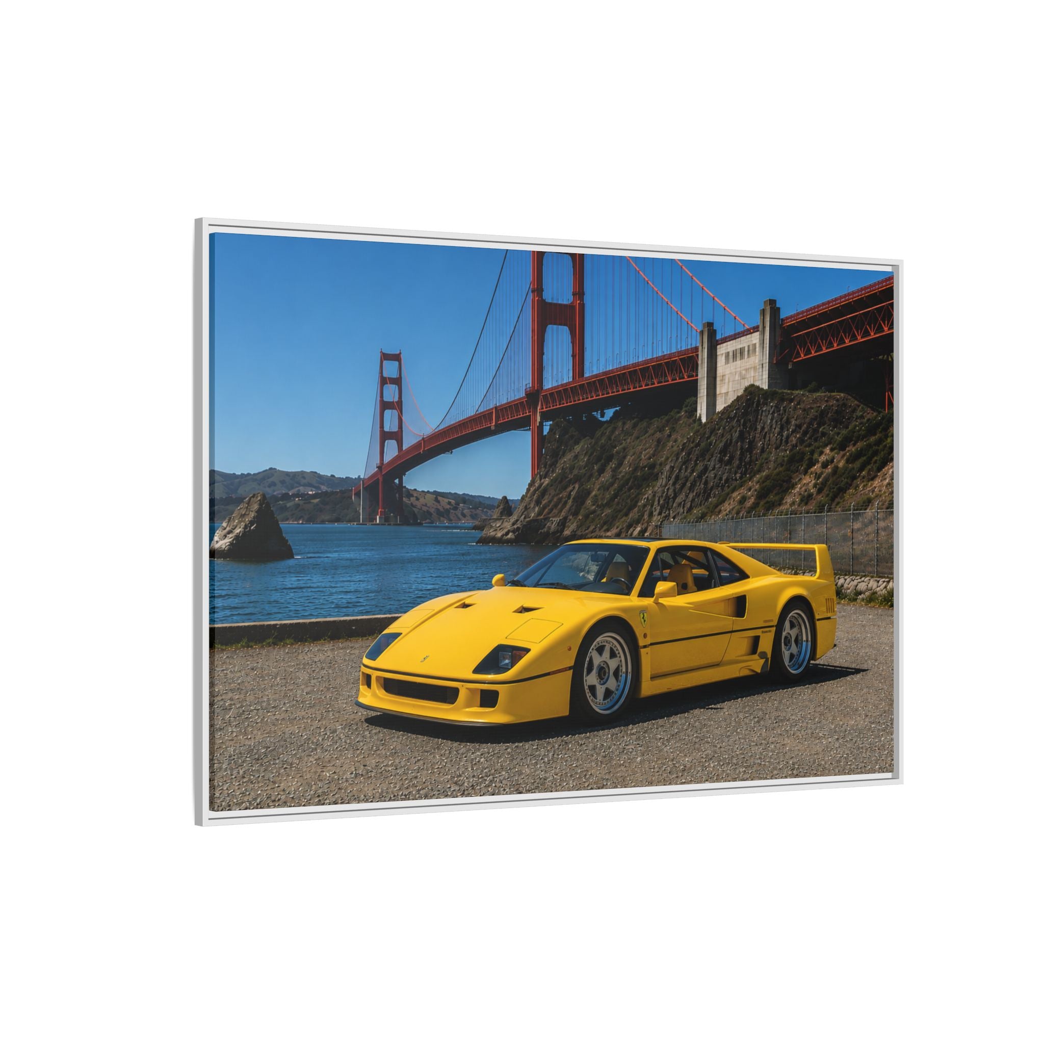 Ferrari 1987 F40 — Yellow Ferrari by the Golden Gate Bridge - Stunning Framed Canvas