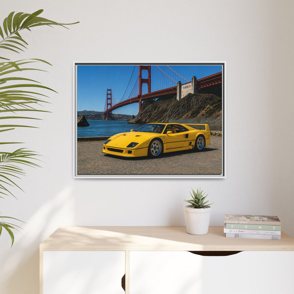 Ferrari 1987 F40 — Yellow Ferrari by the Golden Gate Bridge - Stunning Framed Canvas