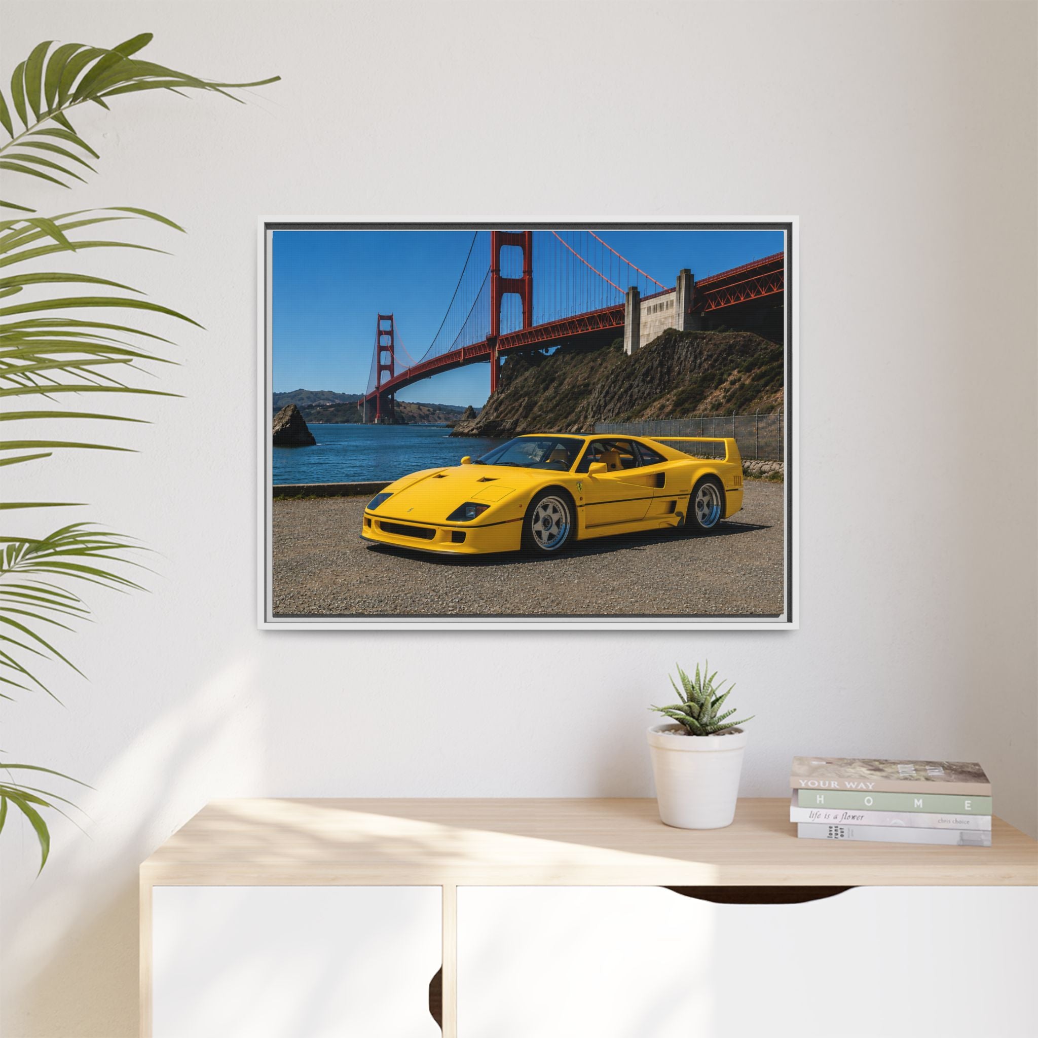 Ferrari 1987 F40 — Yellow Ferrari by the Golden Gate Bridge - Stunning Framed Canvas