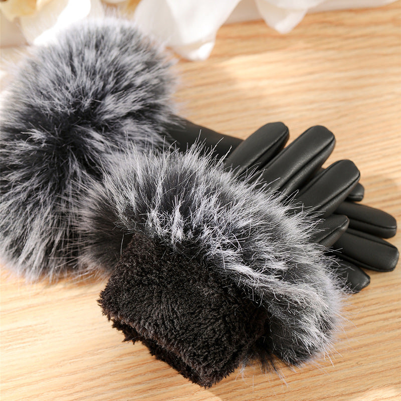 Women's winter gloves with windproof and plush thick fur mouth gloves, cold resistant touch screen riding warm gloves, Korean style minimalist gloves