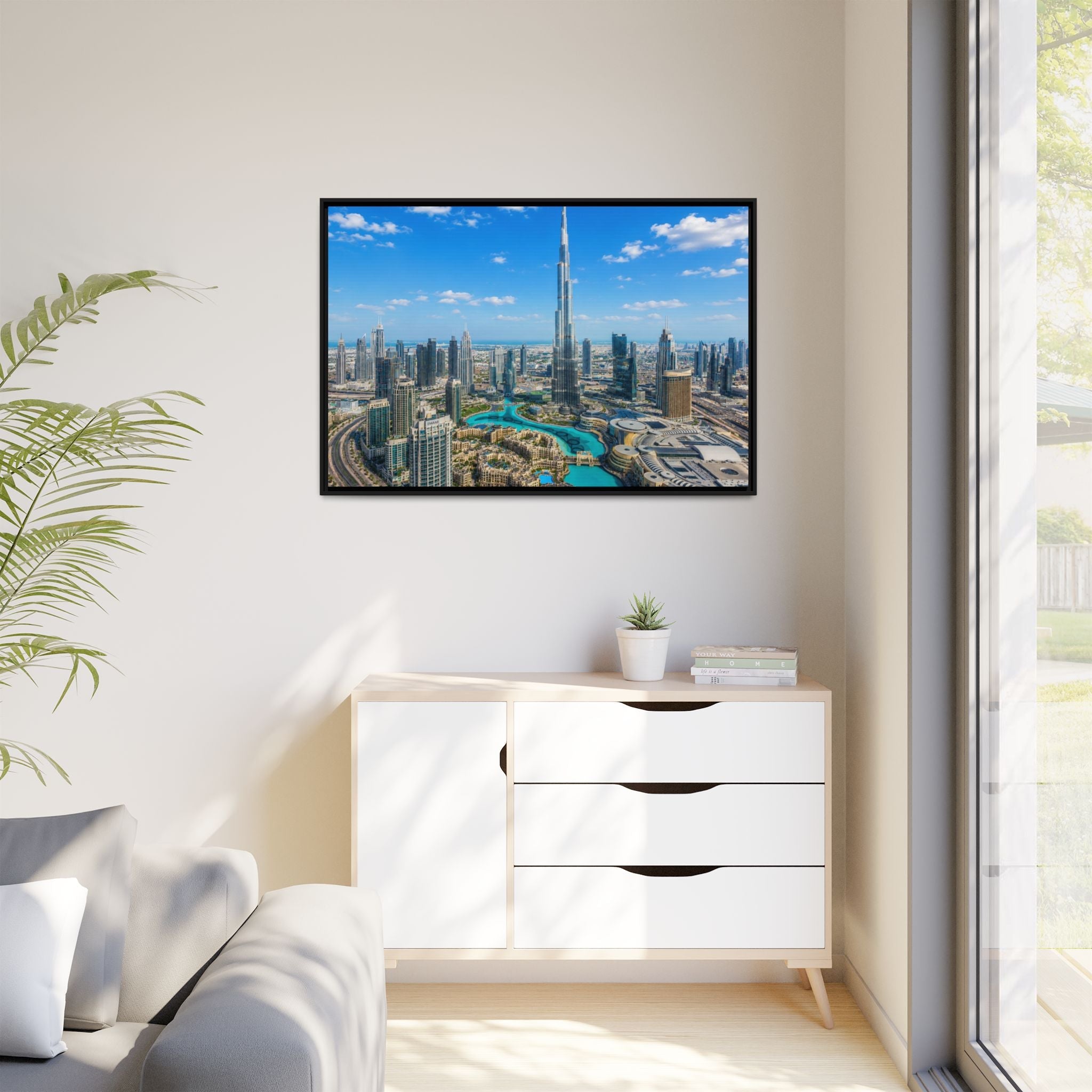 Dubai Skyline Matte Canvas Print (Framed) — Burj Khalifa Aerial Cityscape Wall Art