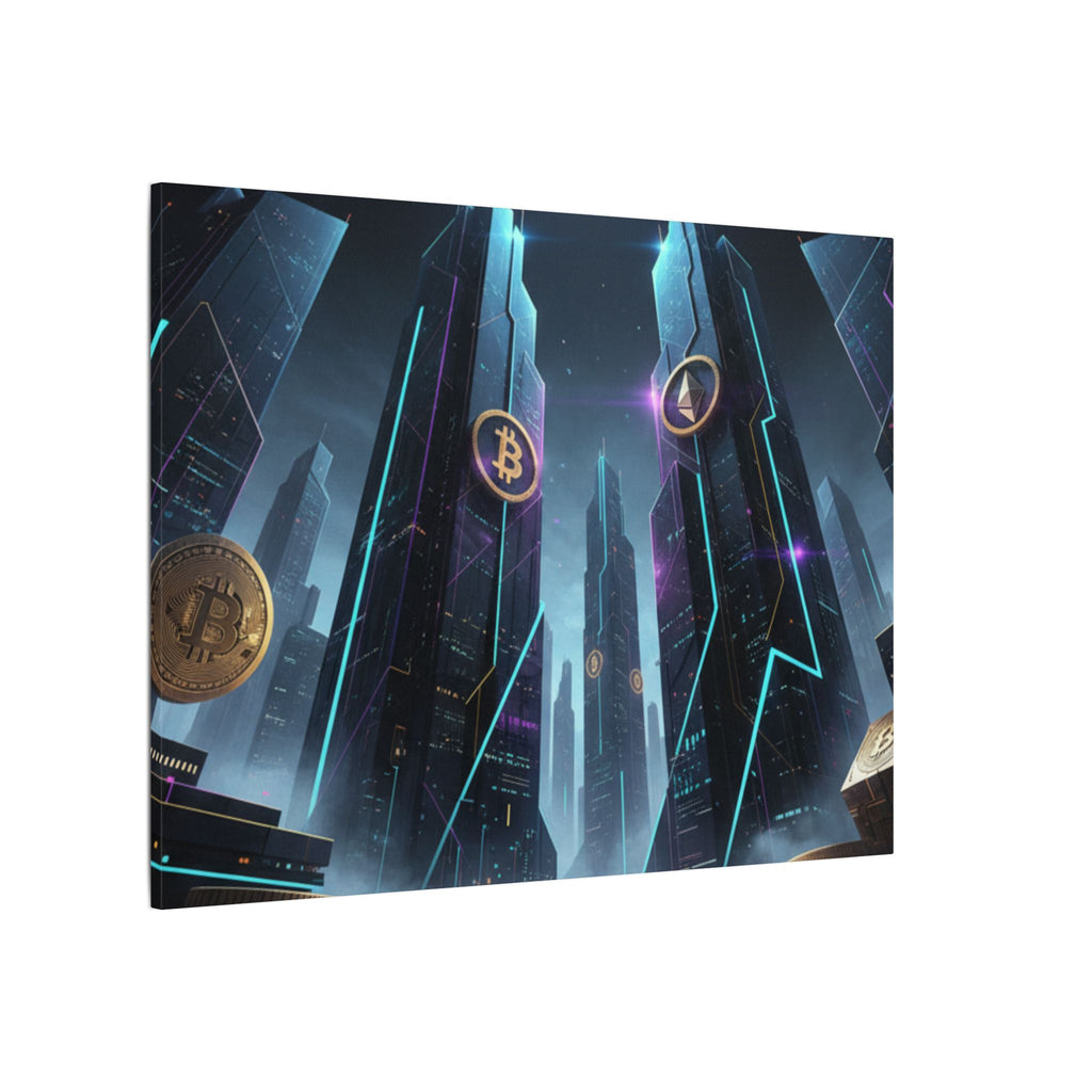 Crypto City Canvas Print — Futuristic Bitcoin & Ethereum Wall Art