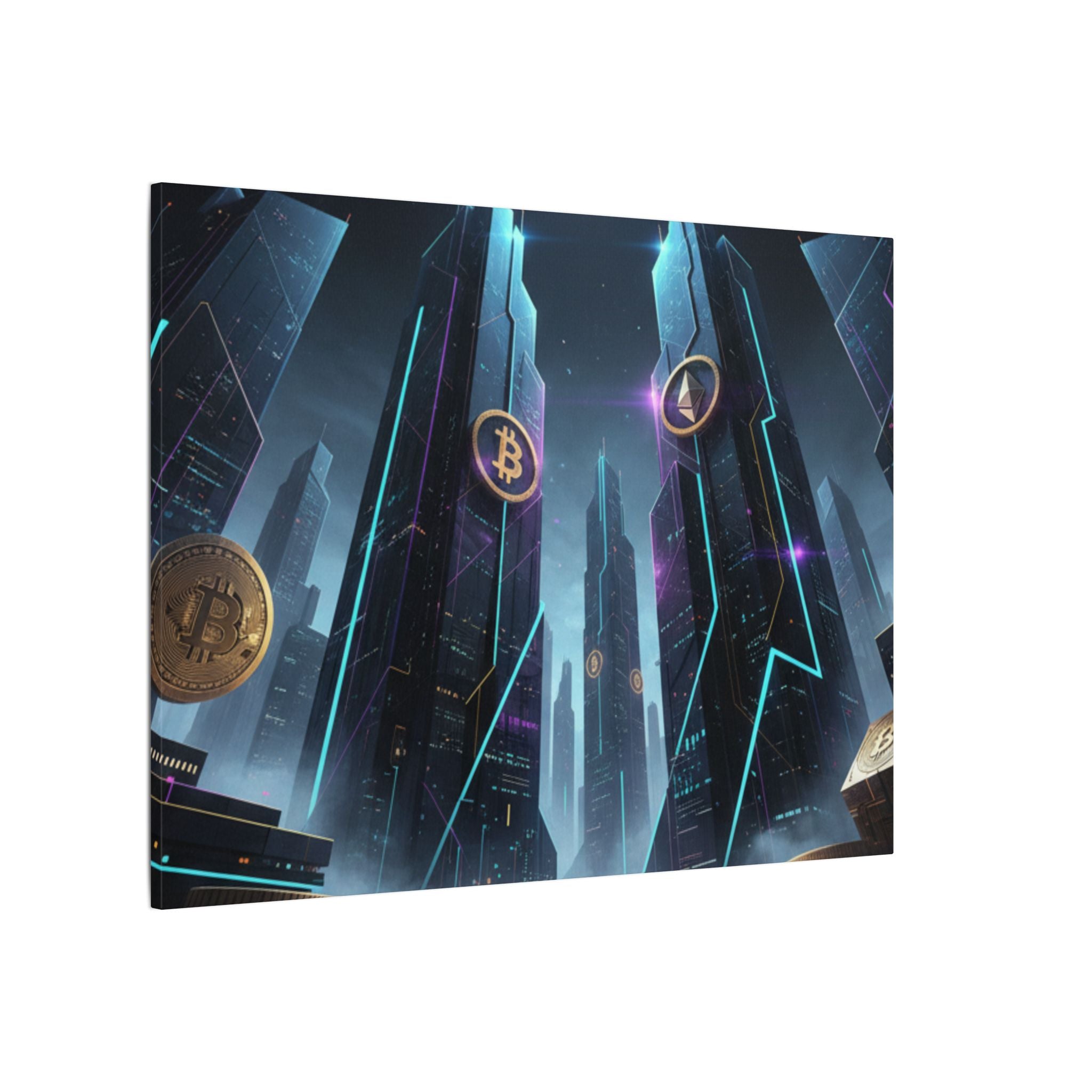Crypto City Canvas Print — Futuristic Bitcoin & Ethereum Wall Art