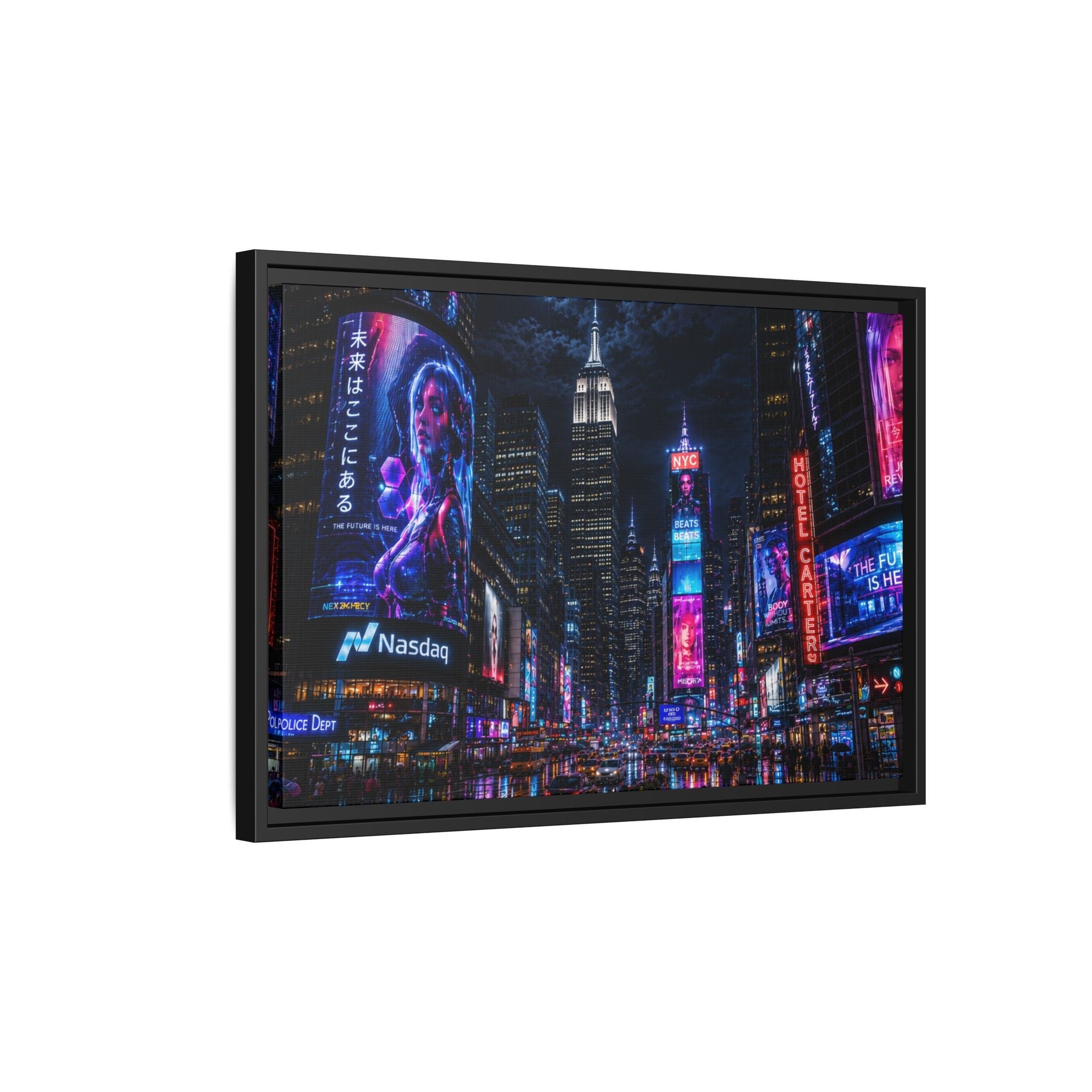 Time Square City Scape "Cyberpunk themed" Neon City Nights Matte Canvas Print (Framed)