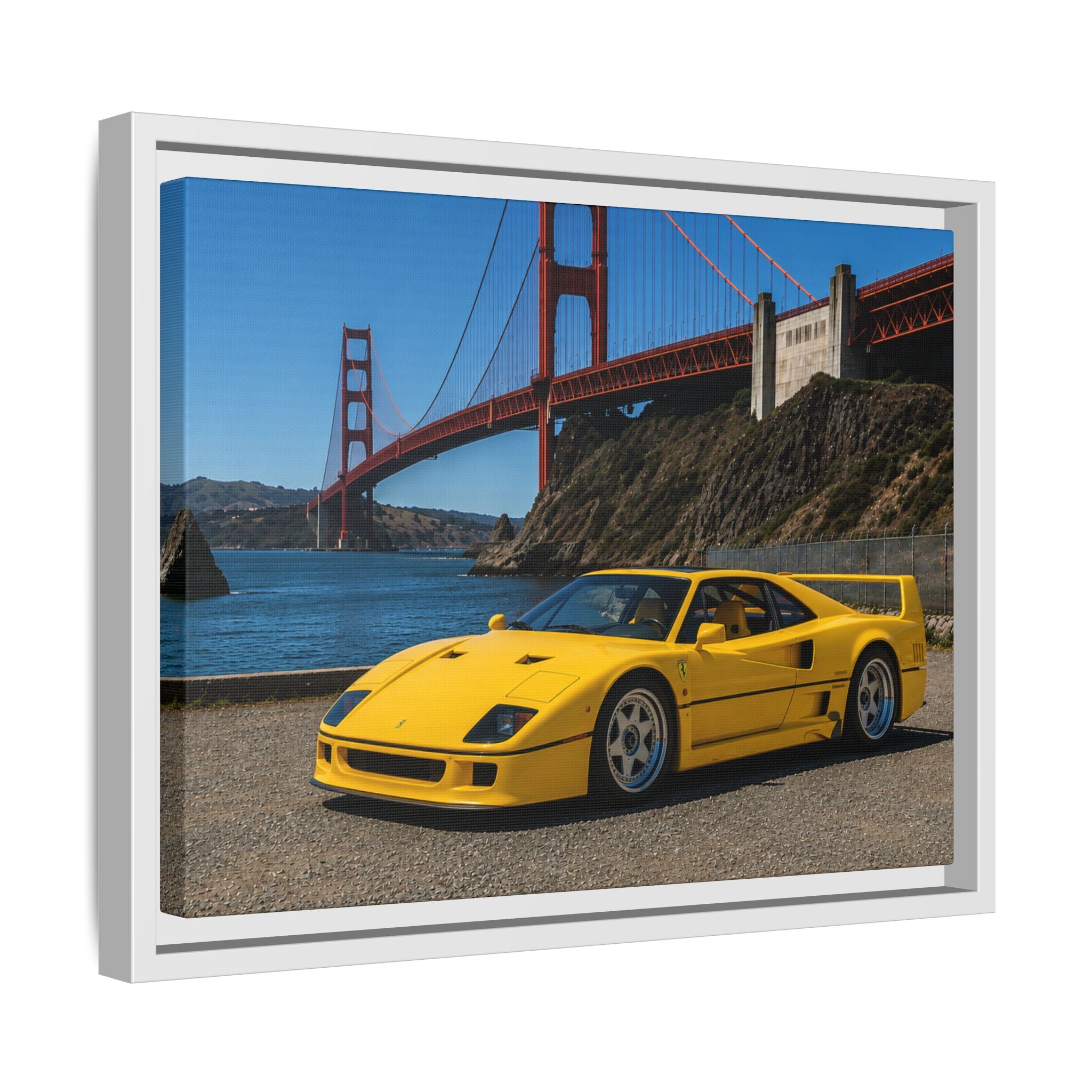 Ferrari 1987 F40 — Yellow Ferrari by the Golden Gate Bridge - Stunning Framed Canvas