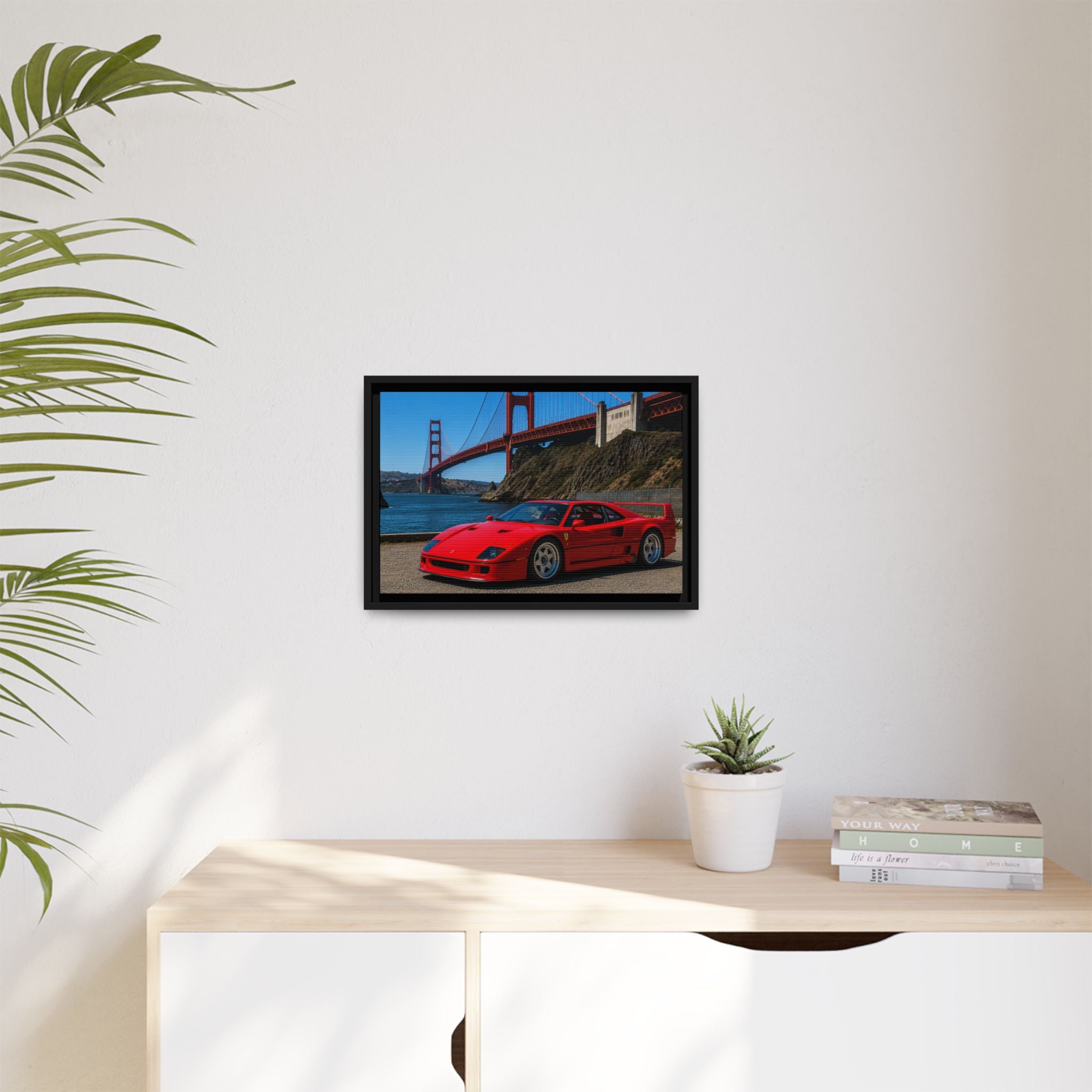 Ferrari F40 1987  — Red Sexy Sports Car by Golden Gate Bridge - Stunning Framed Canvas