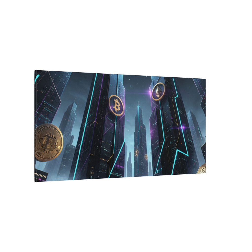 Crypto City Canvas Print — Futuristic Bitcoin & Ethereum Wall Art