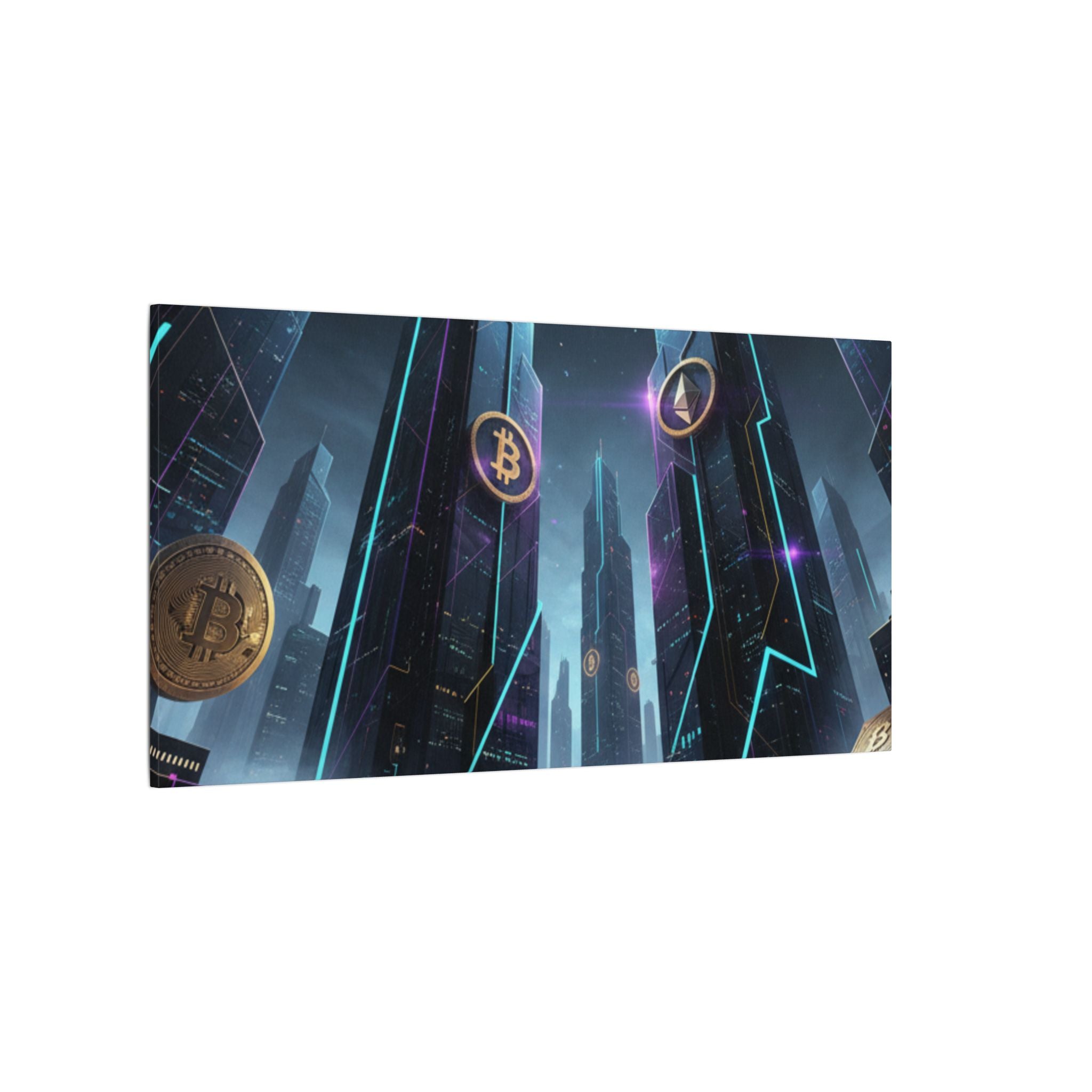 Crypto City Canvas Print — Futuristic Bitcoin & Ethereum Wall Art
