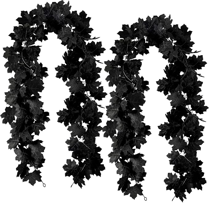 2 Pcs Black Maple Leaf Garland, Artificial Fall Leaf Vines For Halloween