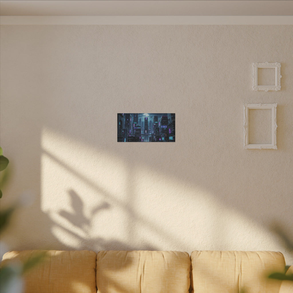 Cyberpunk Cityscape Matte Canvas Print — Neon Futuristic Wall Art