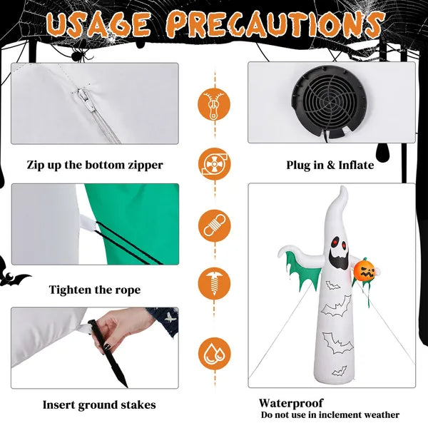 12ft Inflatable Halloween Decor With Flashing Bats & White Ghosts, 4 LED Lights