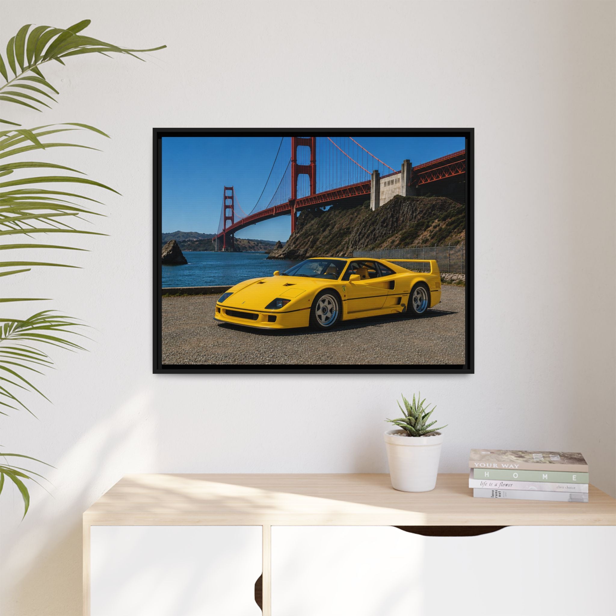 Ferrari 1987 F40 — Yellow Ferrari by the Golden Gate Bridge - Stunning Framed Canvas