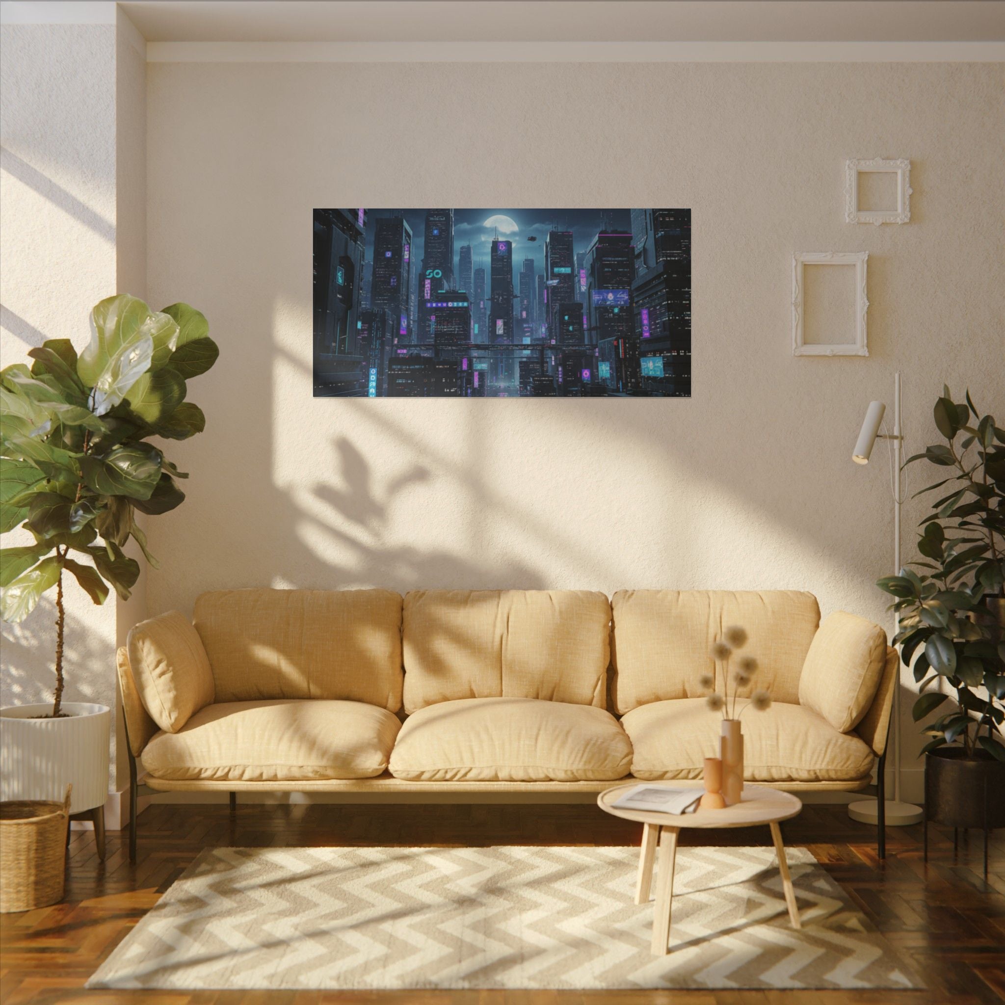 Cyberpunk Cityscape Matte Canvas Print — Neon Futuristic Wall Art