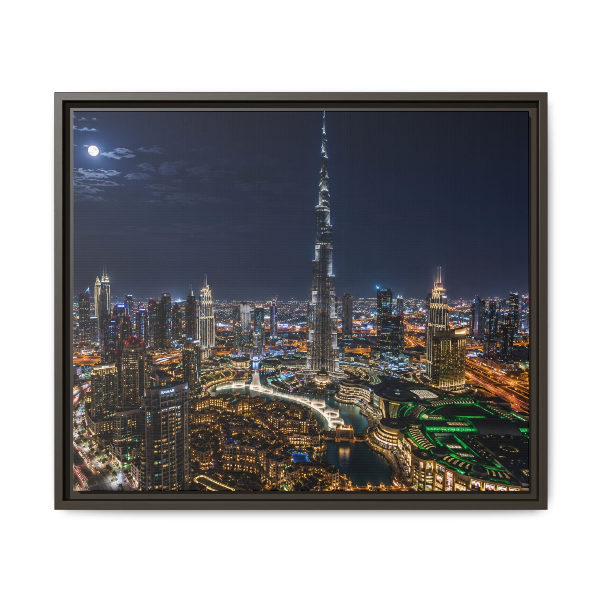 Dubai Night Skyline Matte Framed Canvas Print