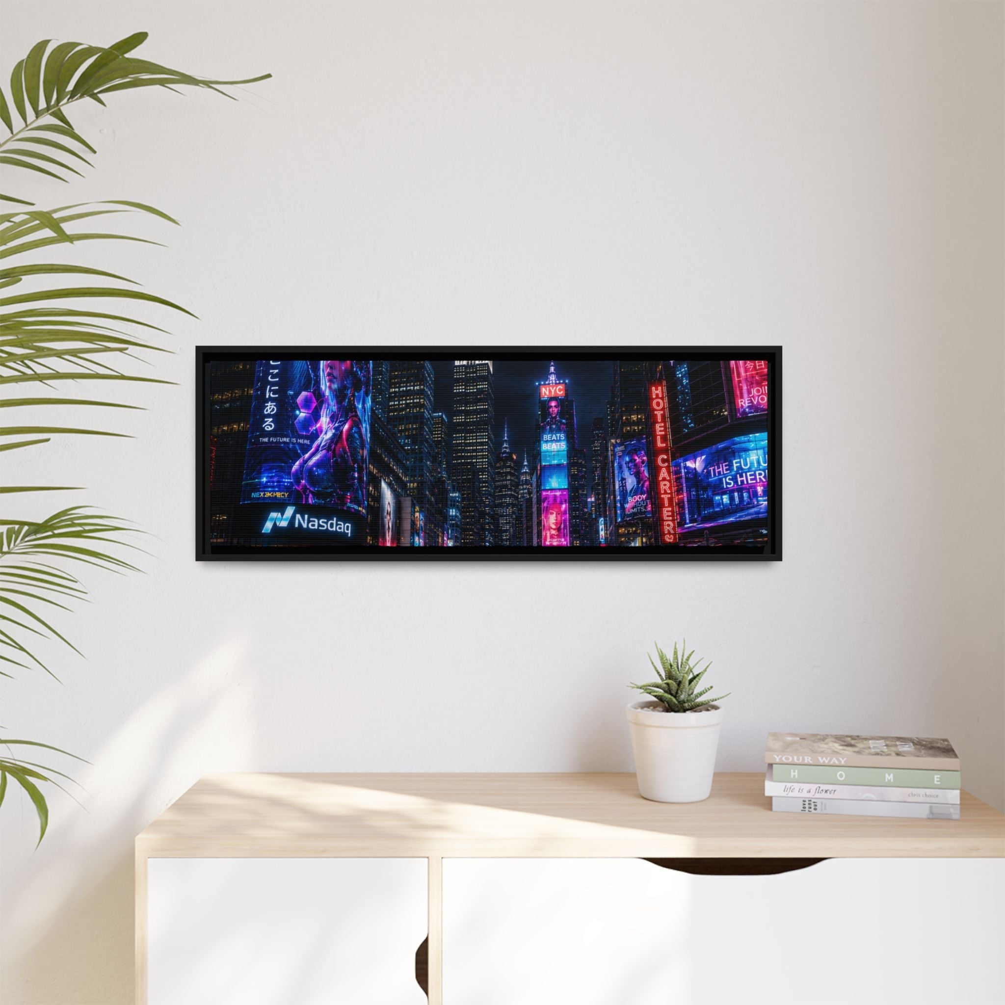 Time Square City Scape "Cyberpunk themed" Neon City Nights Matte Canvas Print (Framed)