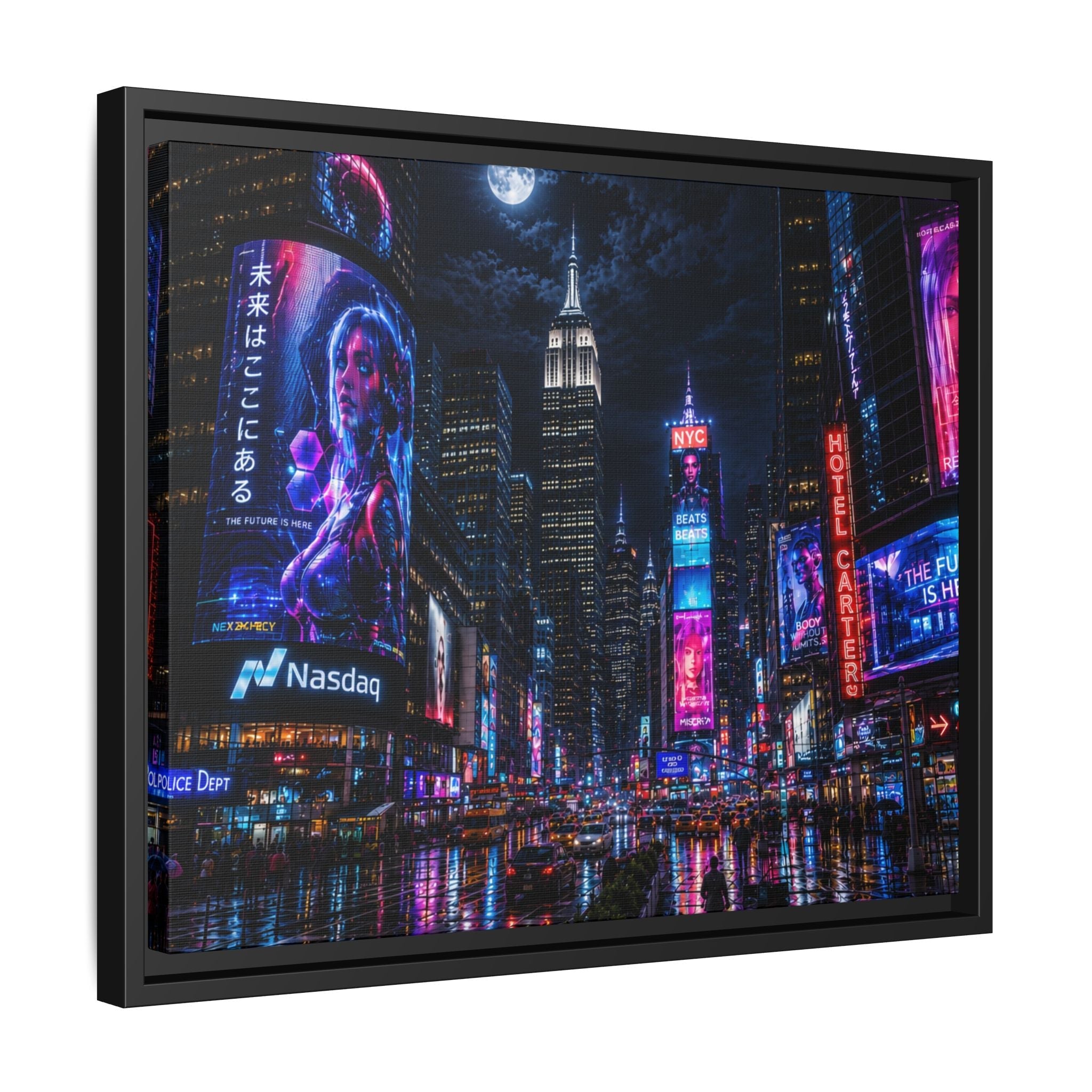 Time Square City Scape "Cyberpunk themed" Neon City Nights Matte Canvas Print (Framed)