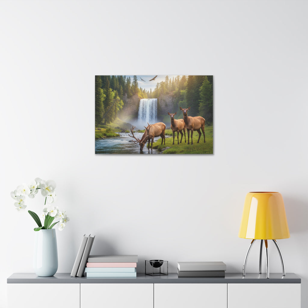 Elk Waterfall Canvas Print — Serene Wildlife Landscape Wall Art, 1.5" Stretched