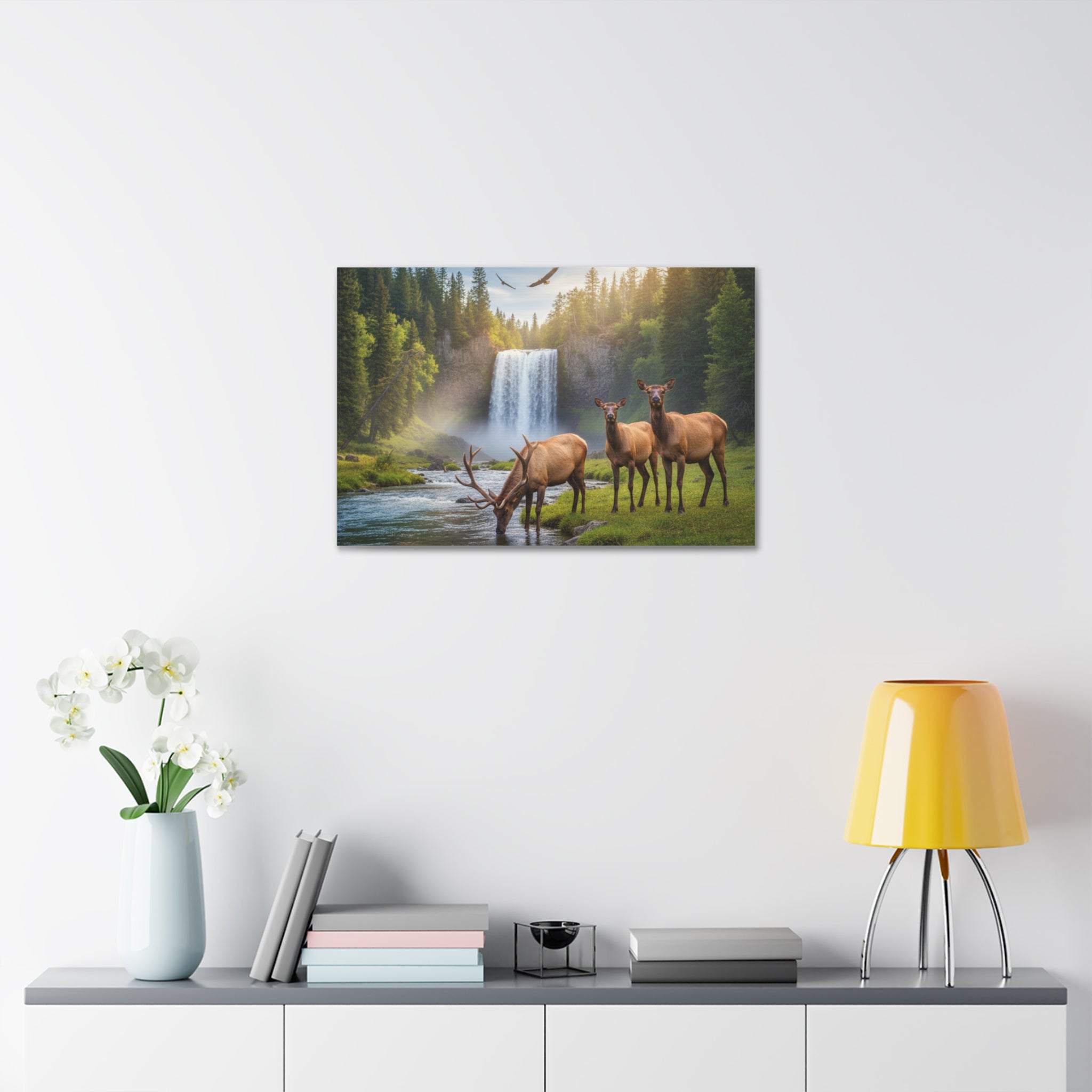 Elk Waterfall Canvas Print — Serene Wildlife Landscape Wall Art, 1.5" Stretched