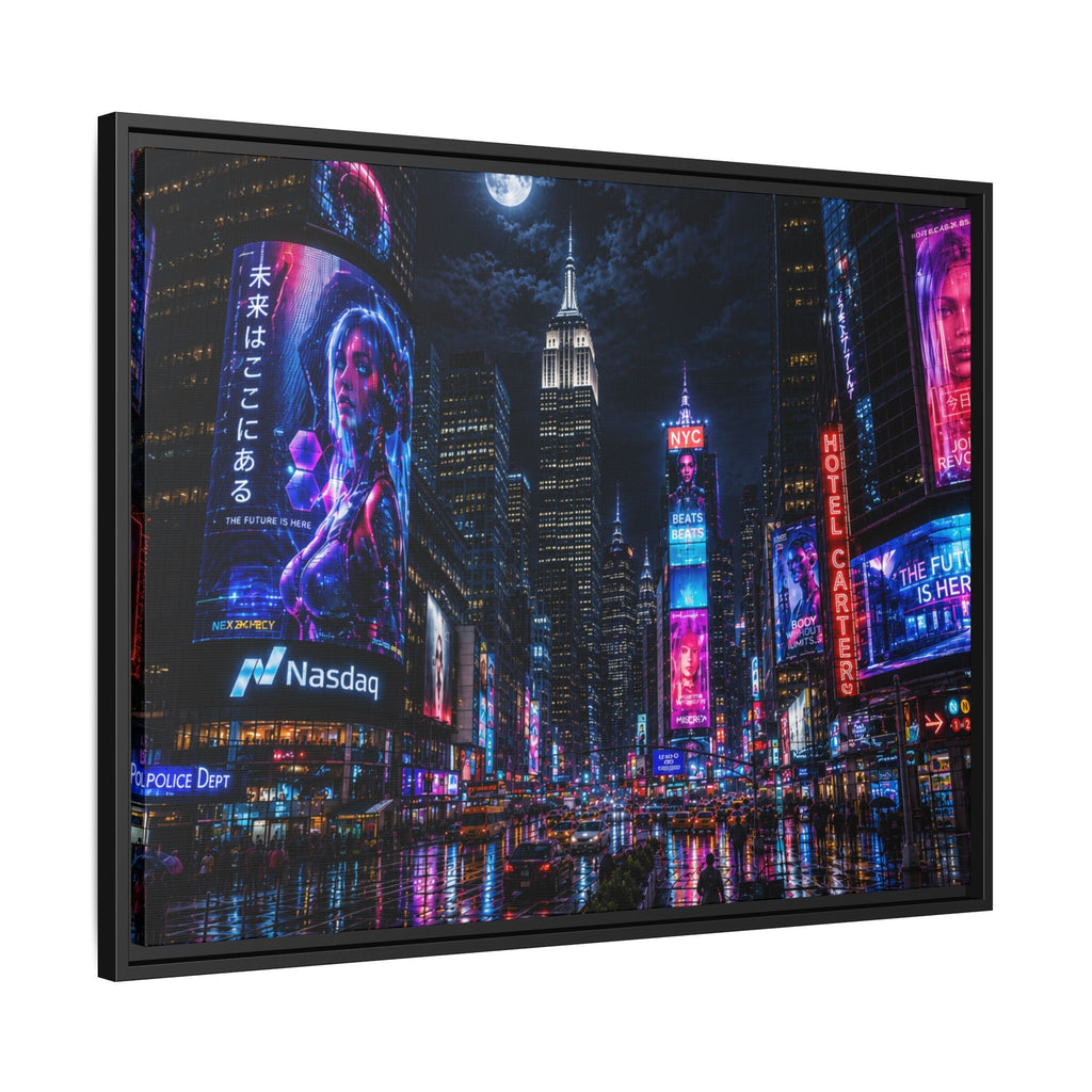 Time Square City Scape "Cyberpunk themed" Neon City Nights Matte Canvas Print (Framed)
