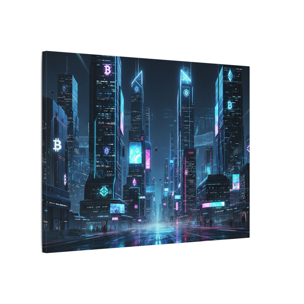 Cyberpunk Cityscape Matte Canvas Print — Neon Futuristic Skyline Wall Art