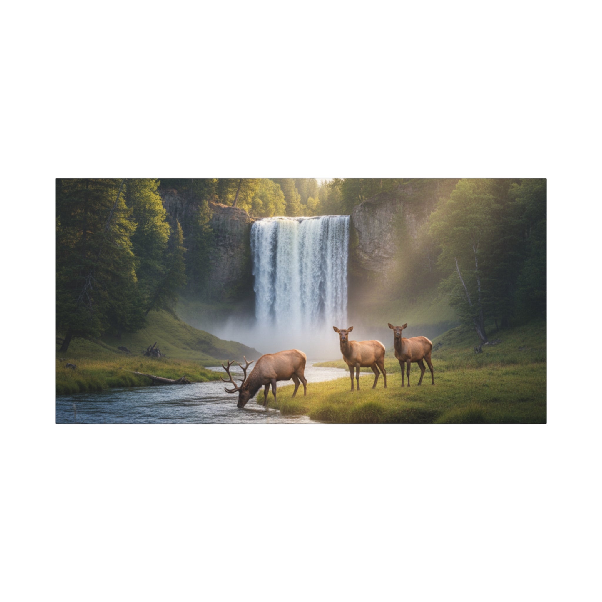Waterfall Elk Canvas Print — Matte Stretched Wall Art