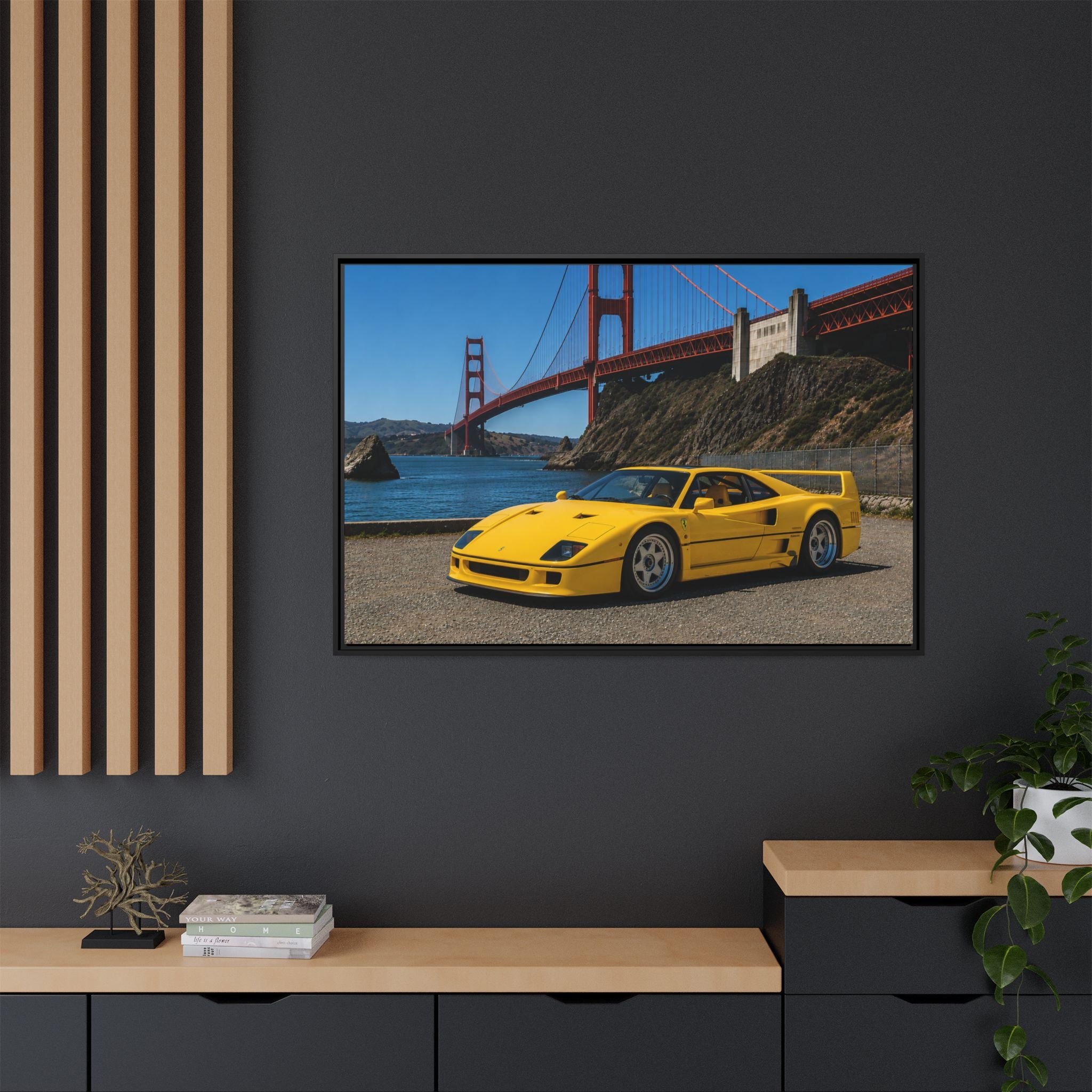 Ferrari 1987 F40 — Yellow Ferrari by the Golden Gate Bridge - Stunning Framed Canvas