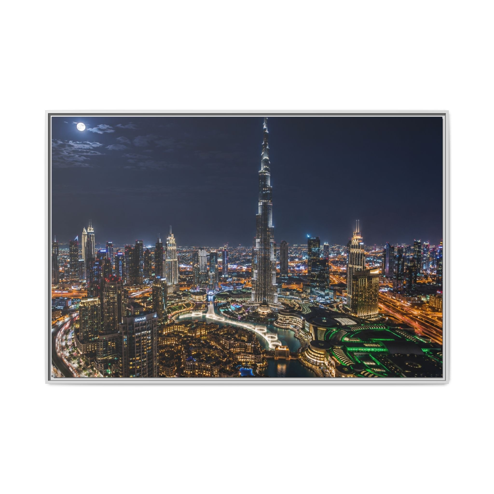 Dubai Night Skyline Matte Framed Canvas Print