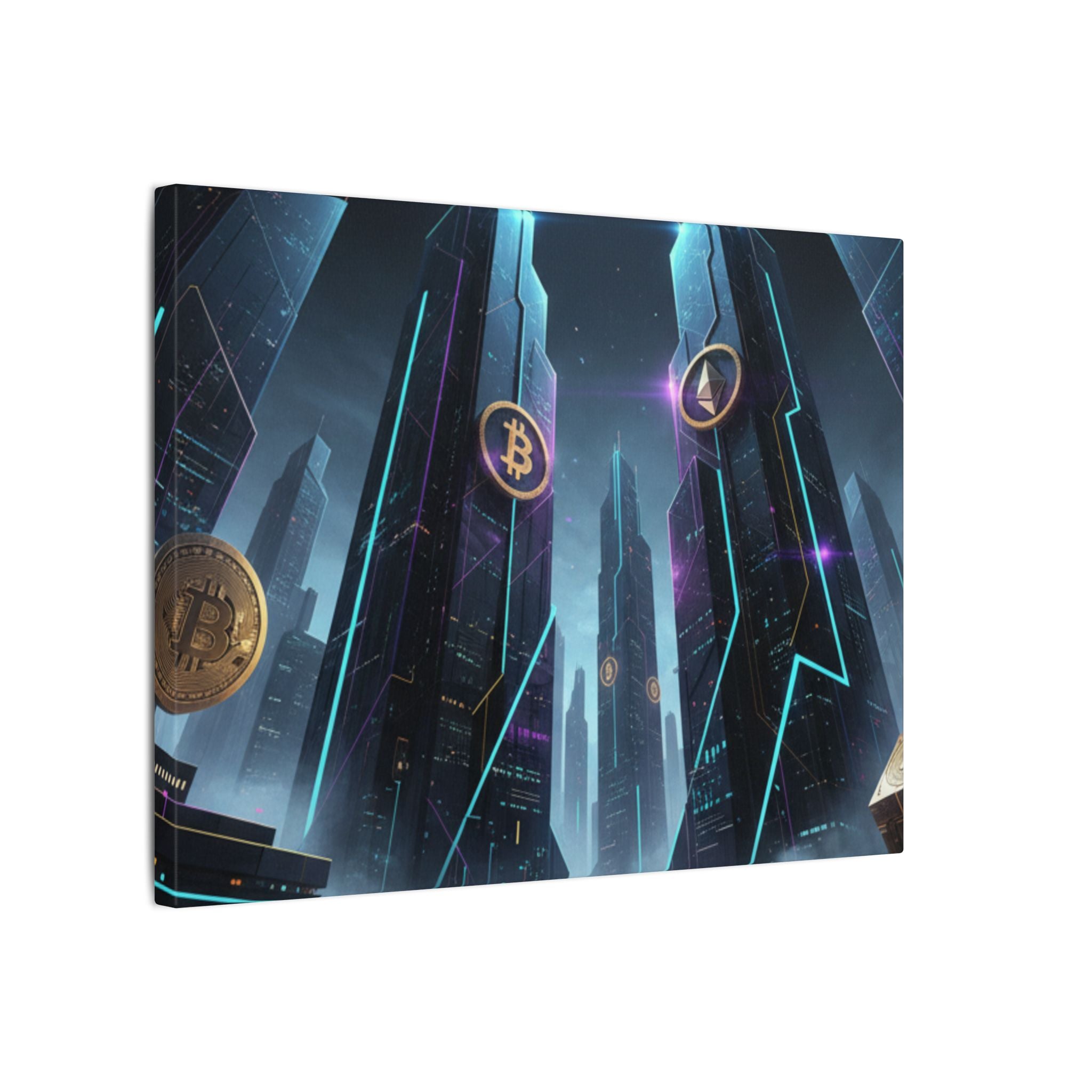 Crypto City Canvas Print — Futuristic Bitcoin & Ethereum Wall Art