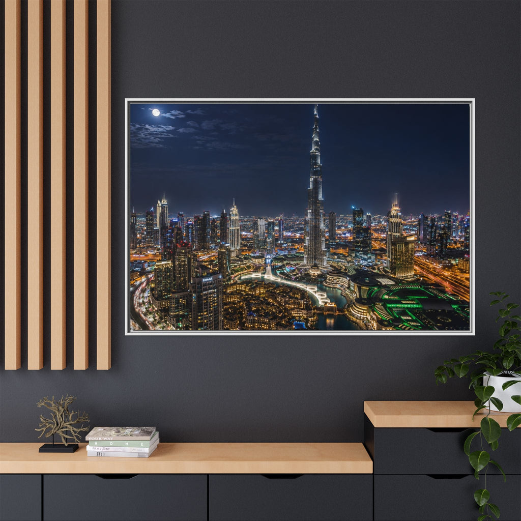 Dubai Night Skyline Matte Framed Canvas Print