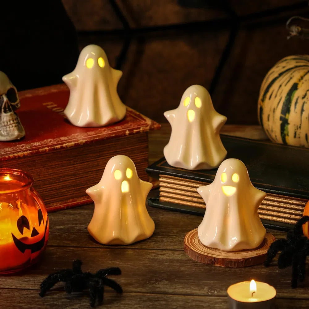 4PCS Ceramic Ghost Light Up Decor, Cute Ghost Halloween Decor, Small White