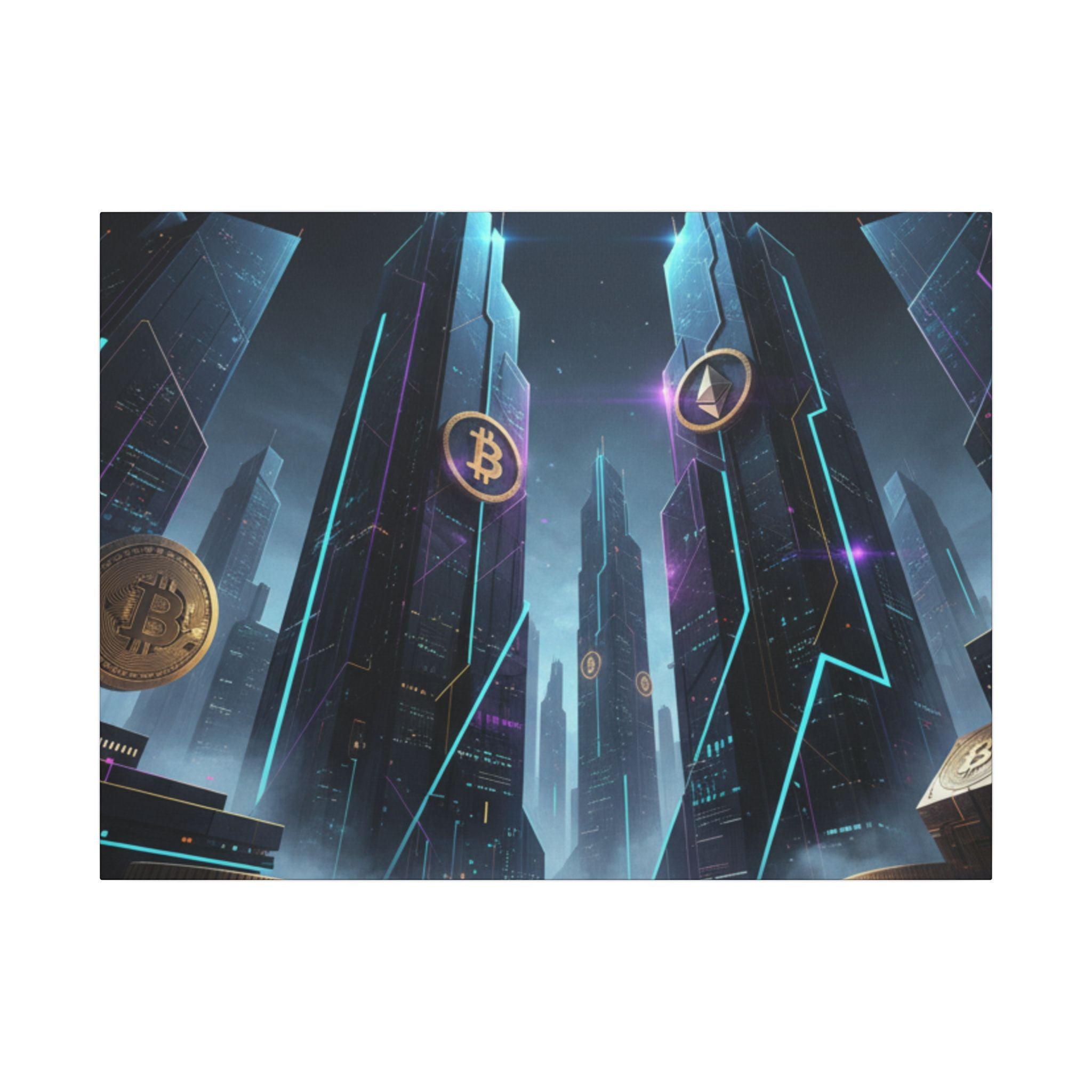 Crypto City Canvas Print — Futuristic Bitcoin & Ethereum Wall Art