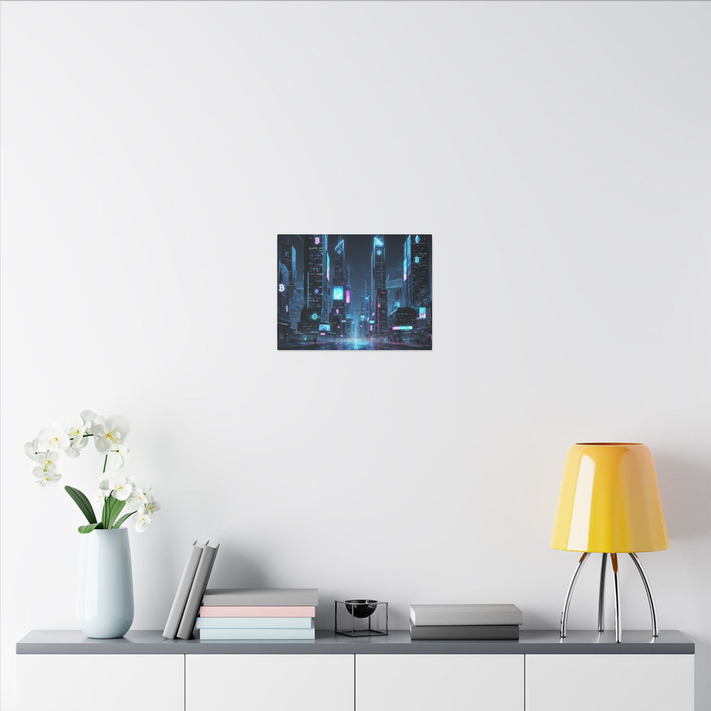 Cyberpunk Cityscape Matte Canvas Print — Neon Futuristic Skyline Wall Art