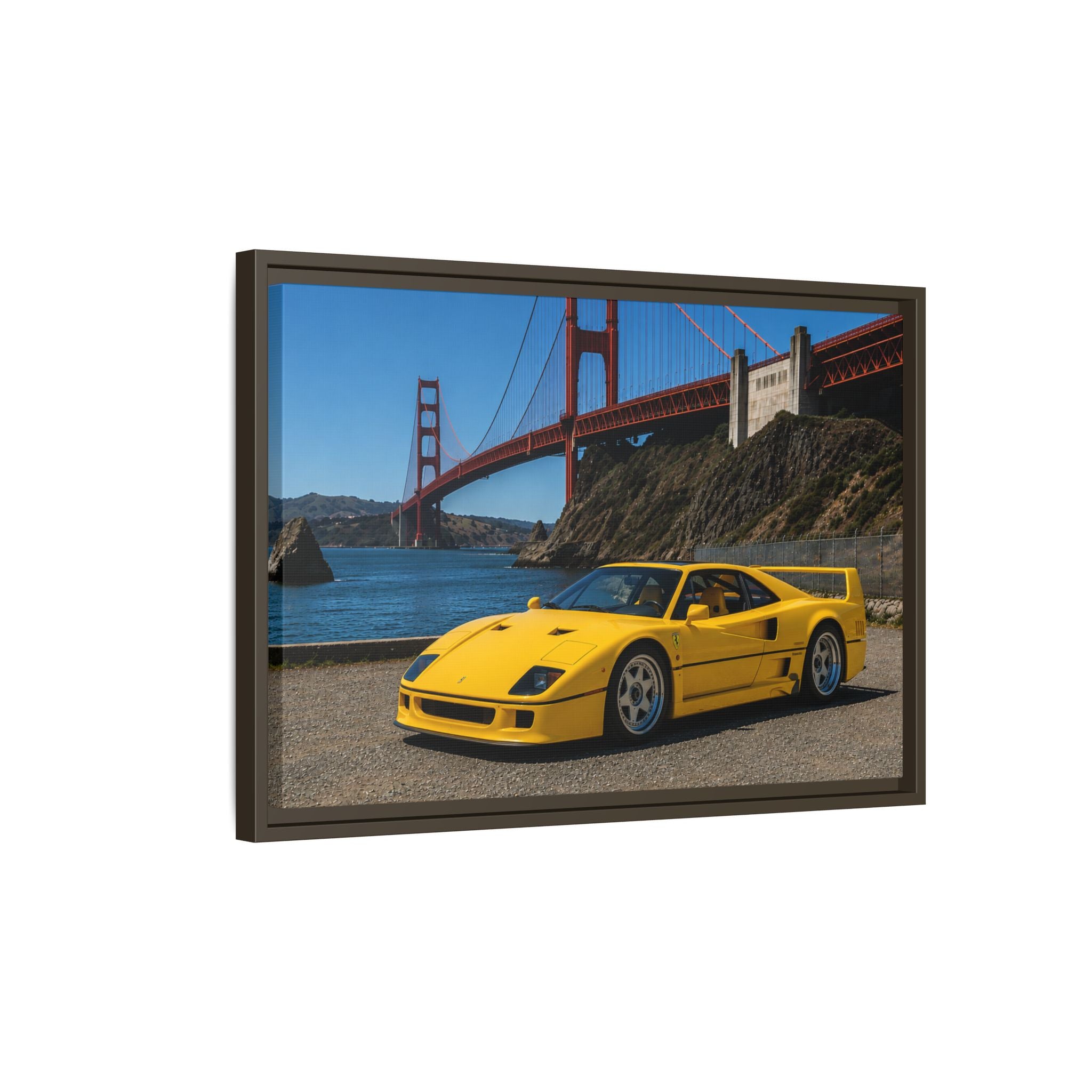 Ferrari 1987 F40 — Yellow Ferrari by the Golden Gate Bridge - Stunning Framed Canvas
