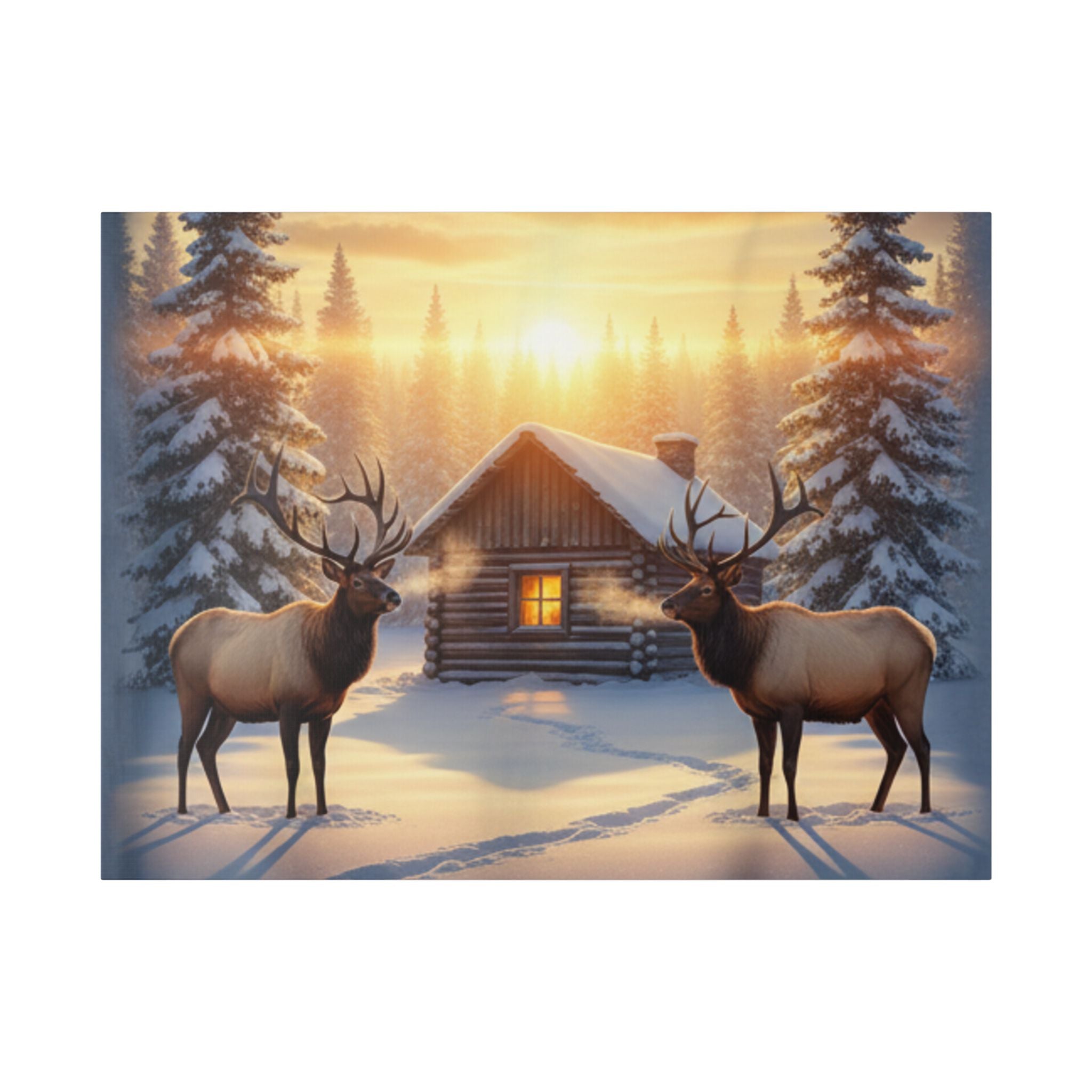 Winter Cabin Elk Canvas Wall Art – Cozy Snowy Forest Sunset Print