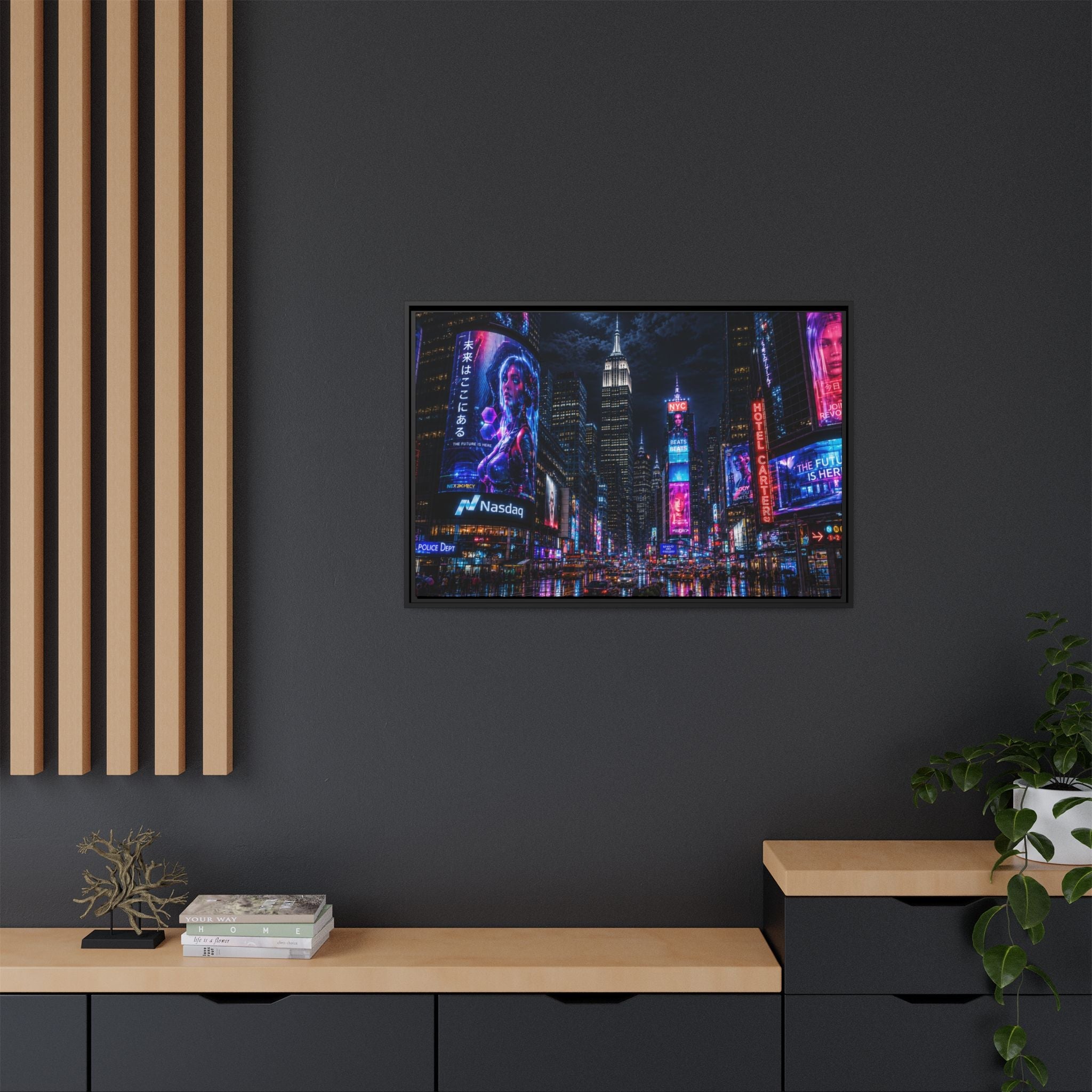 Time Square City Scape "Cyberpunk themed" Neon City Nights Matte Canvas Print (Framed)