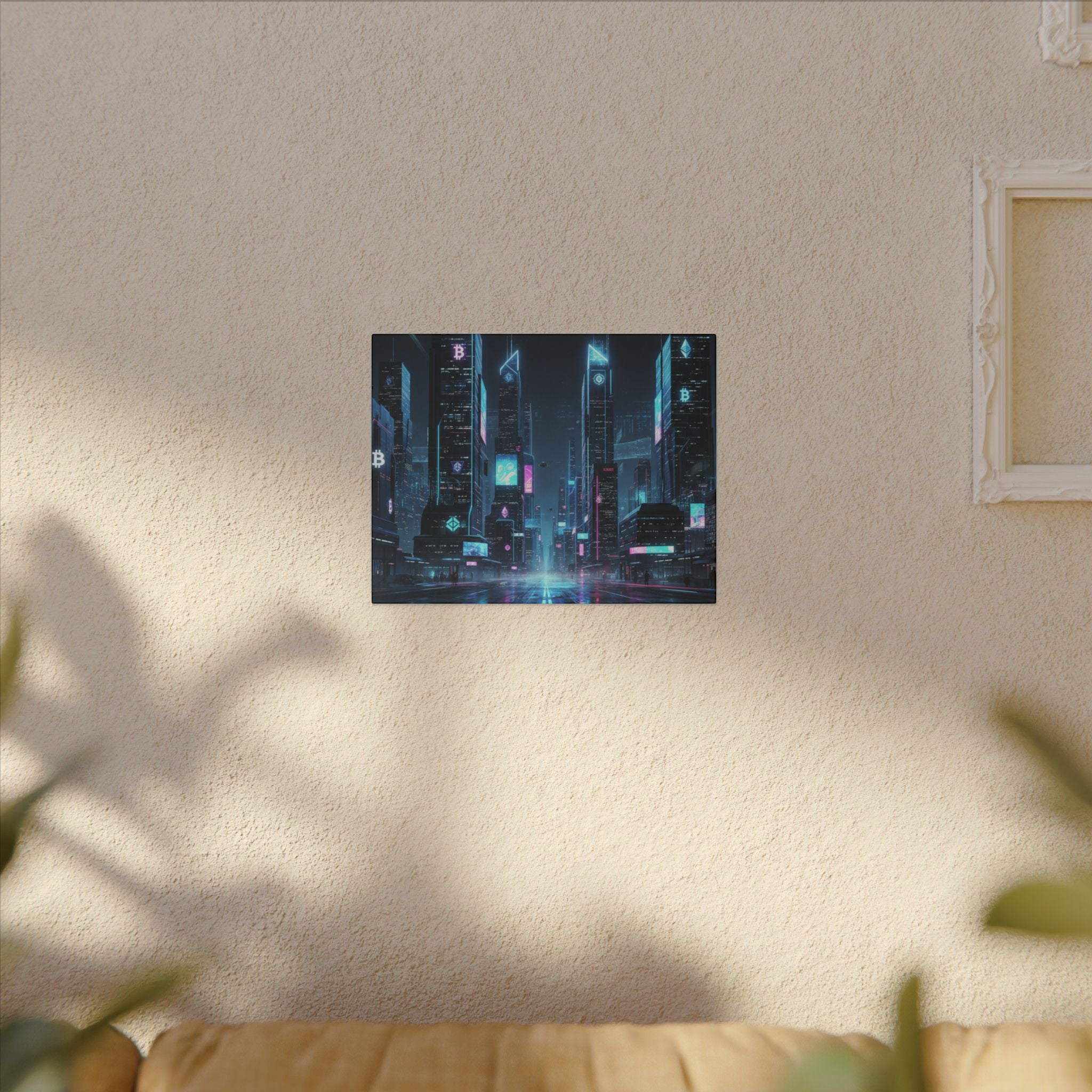 Cyberpunk Cityscape Matte Canvas Print — Neon Futuristic Skyline Wall Art