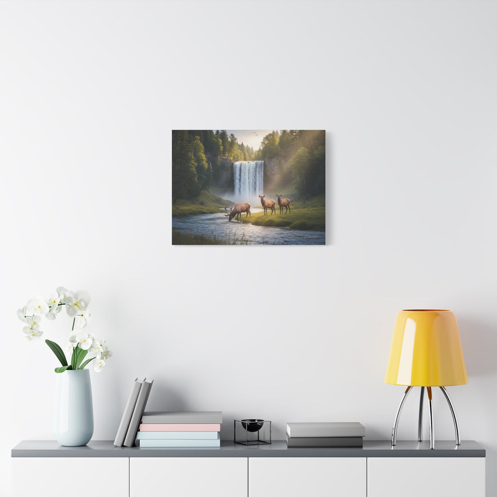 Waterfall Elk Canvas Print — Matte Stretched Wall Art